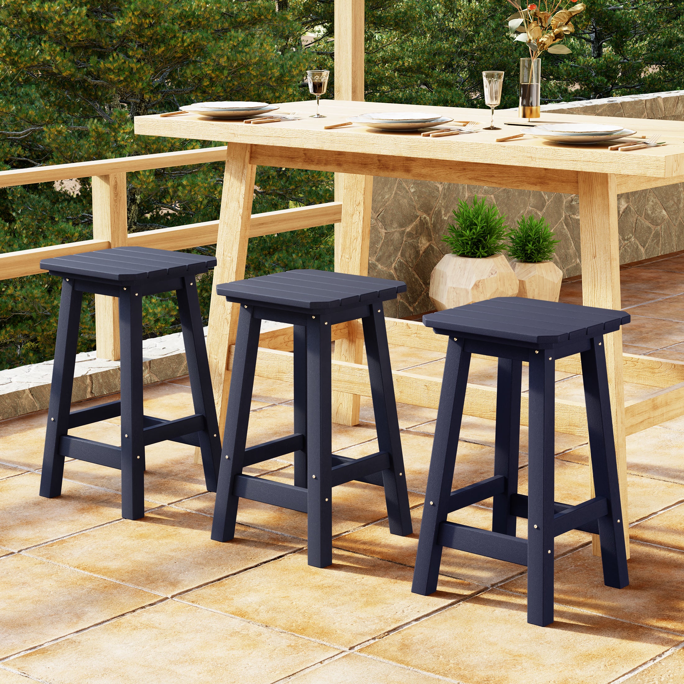 Paradise 24" HDPE Outdoor Patio Counter High Backless Square Bar Stools Set of Three