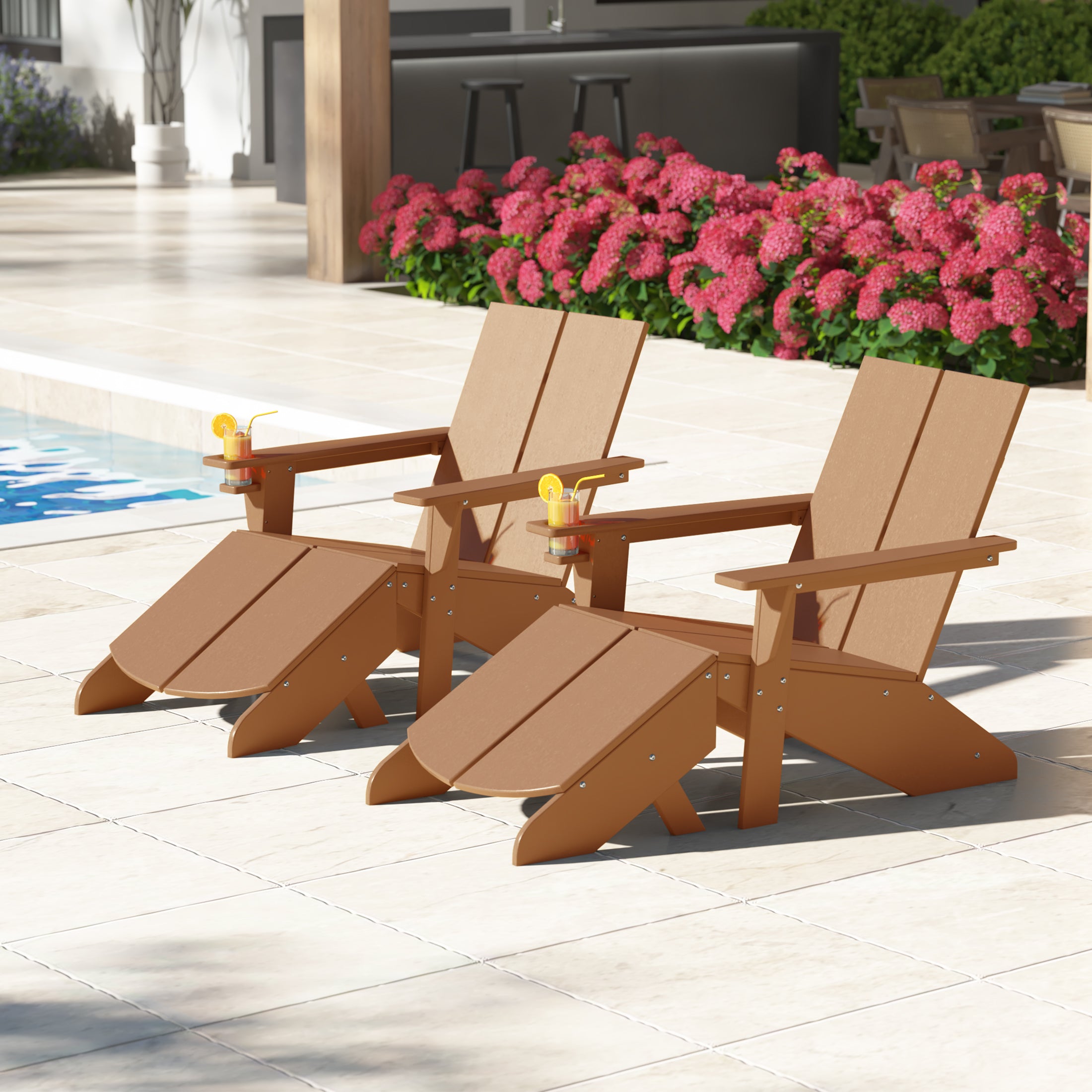 Seaview Outdoor 4-Piece HDPE Modern Adirondack Chairs Set with Folding Patio Ottomans and Cup Holder