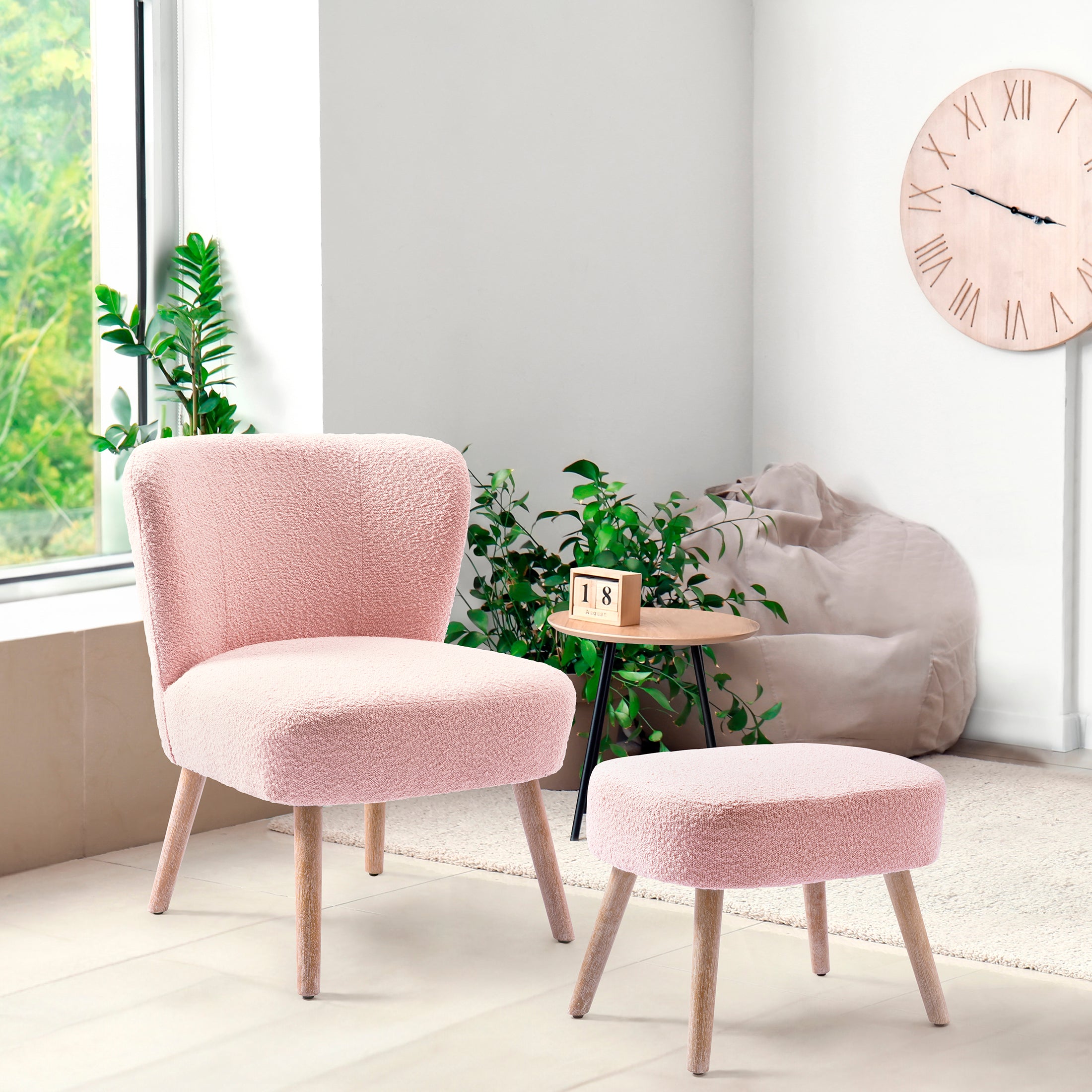 Amélie Mid-Century Boucle Accent Chair with Ottoman Foot Stool Set