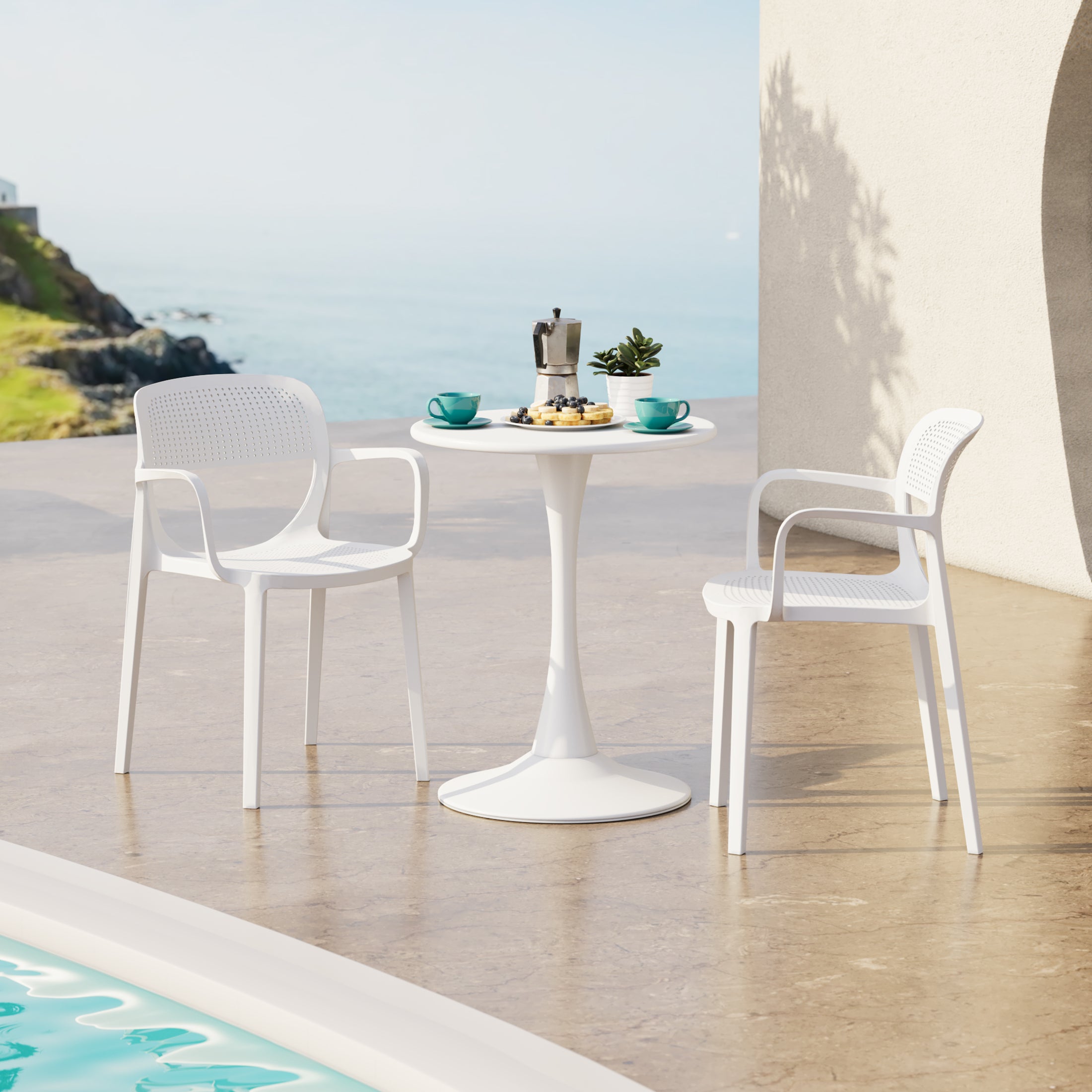 Sunshine 3-Piece Round Metal Bistro Dining Table Set And Stackable Resin Patio Dining Arm Chairs