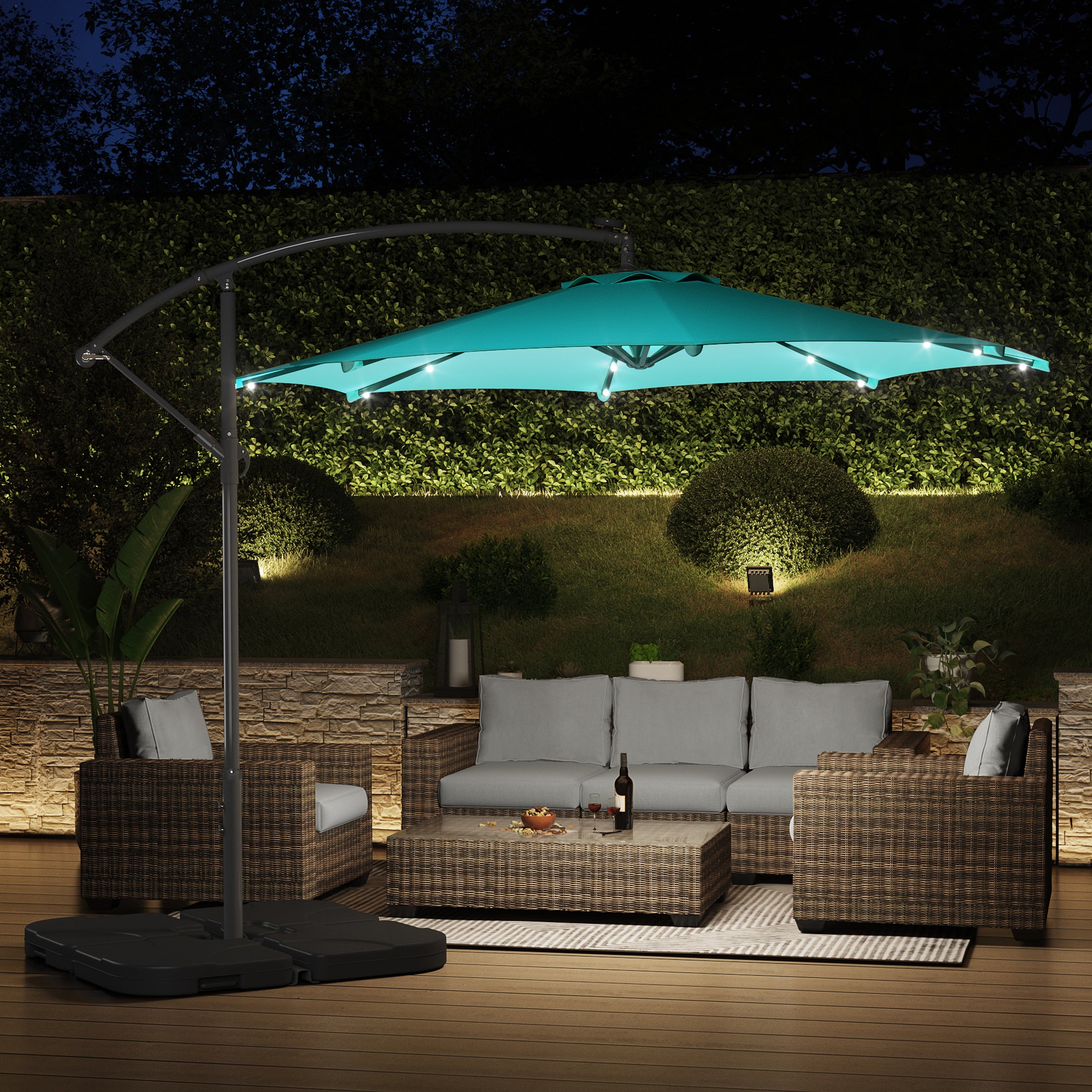 Westlake 10 ft. Outdoor / Paito Cantilever Hanging Umbrella with Solar Power LED lights and 50 lbs concrete weight base kit