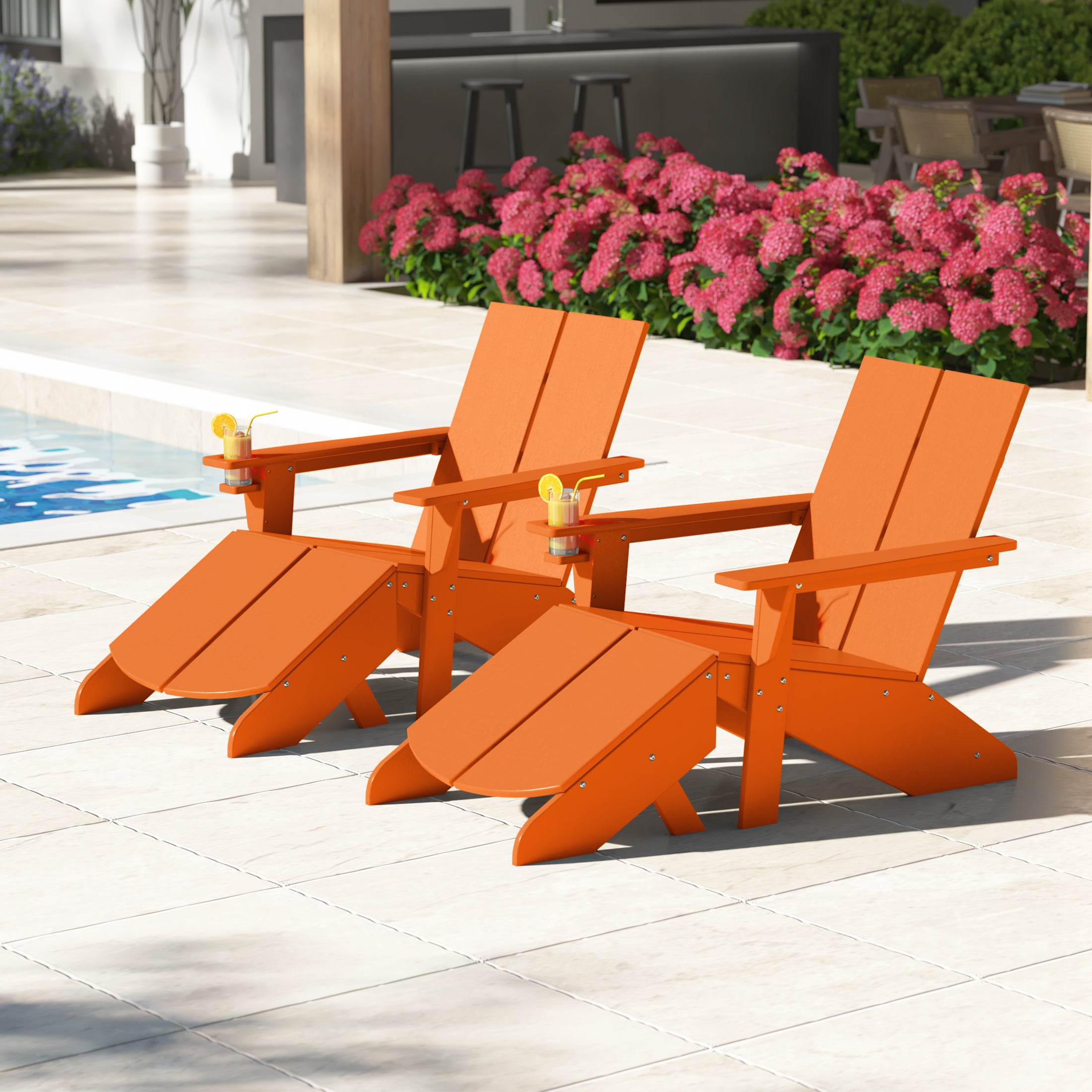 Seaview Outdoor 4-Piece HDPE Modern Adirondack Chairs Set with Folding Patio Ottomans and Cup Holder