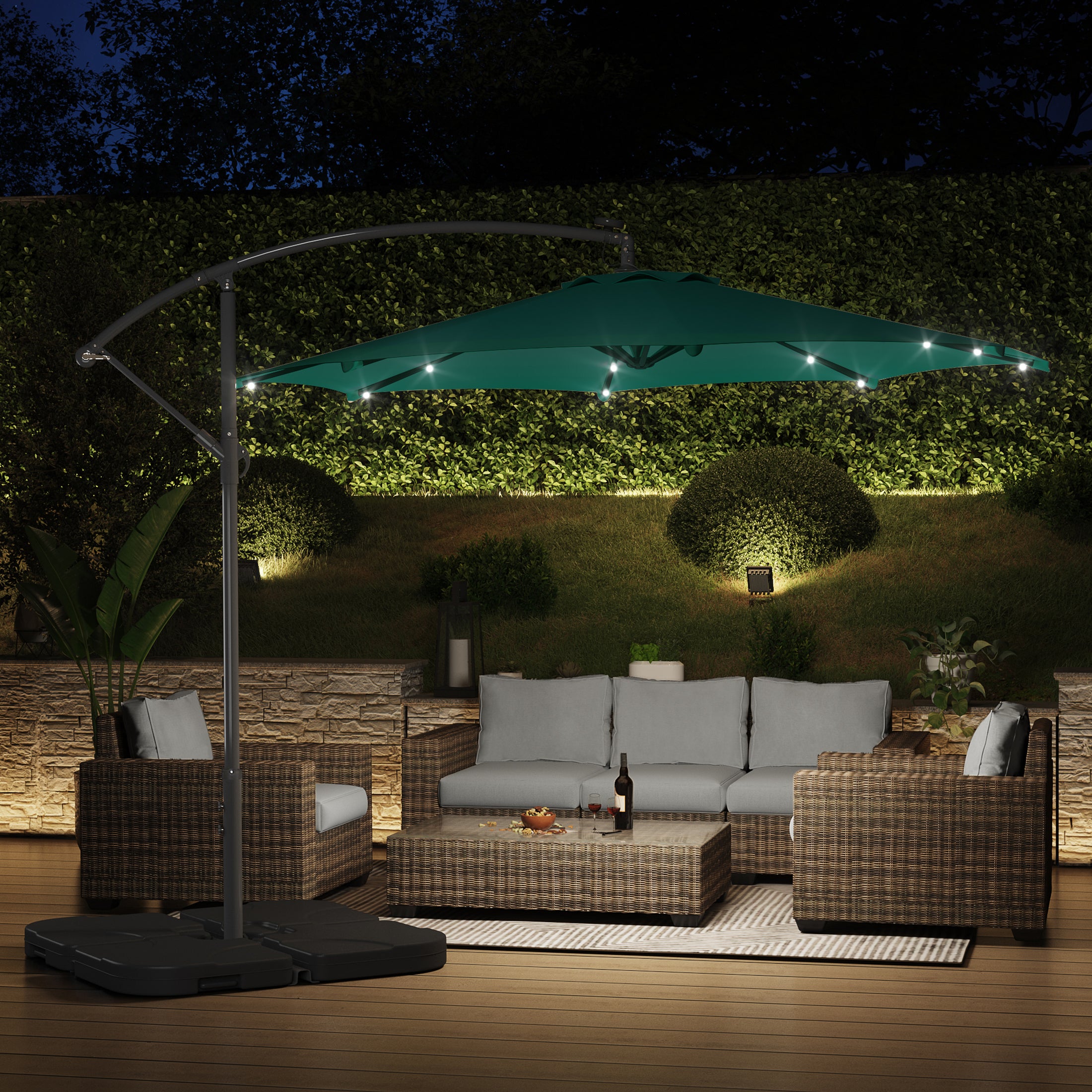 Westlake 10 ft. Outdoor / Paito Cantilever Hanging Umbrella with Solar Power LED lights and 50 lbs concrete weight base kit
