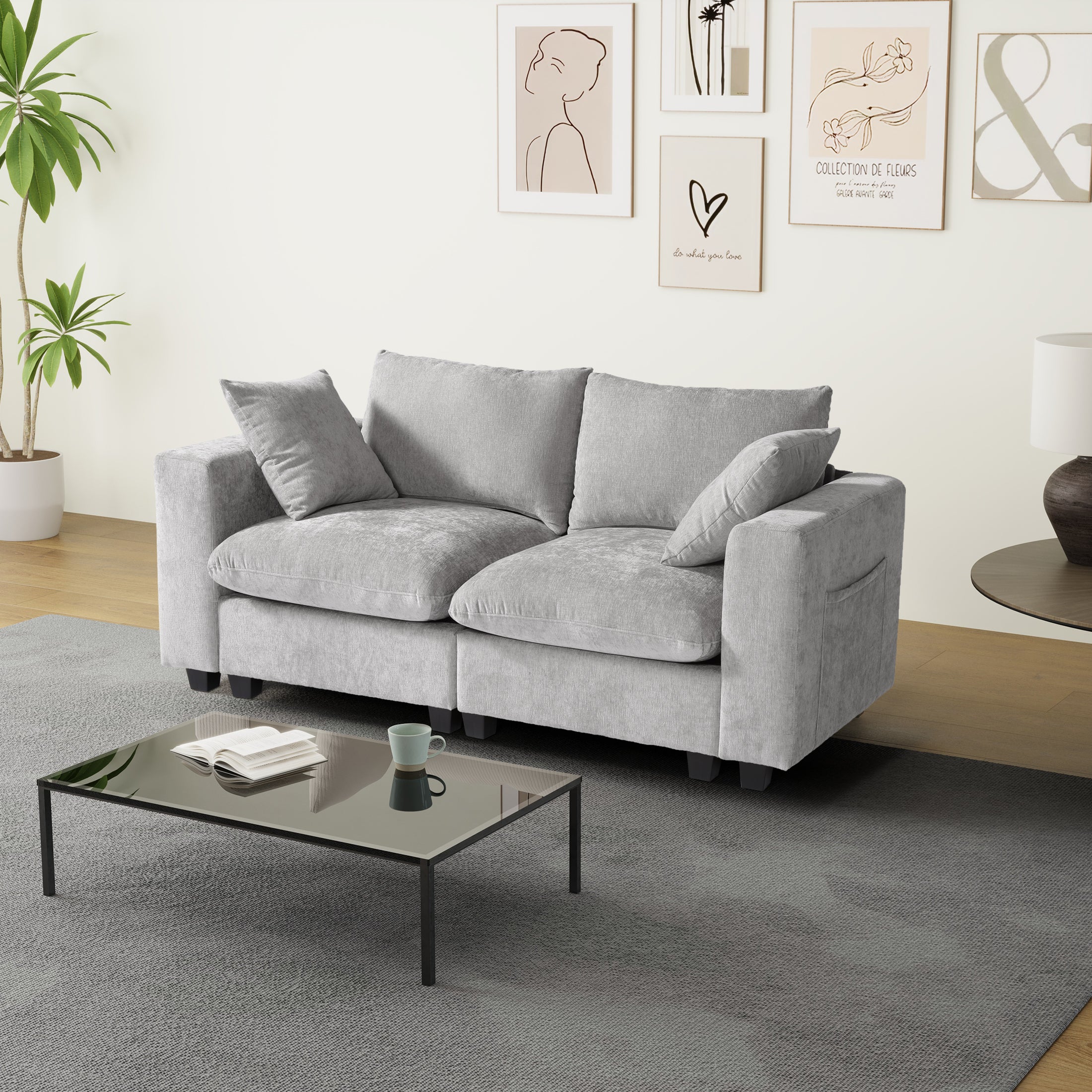 Springfield 70" Modular Chenille Loveseat Sofa With USB/Type-C Ports and Side Pockets