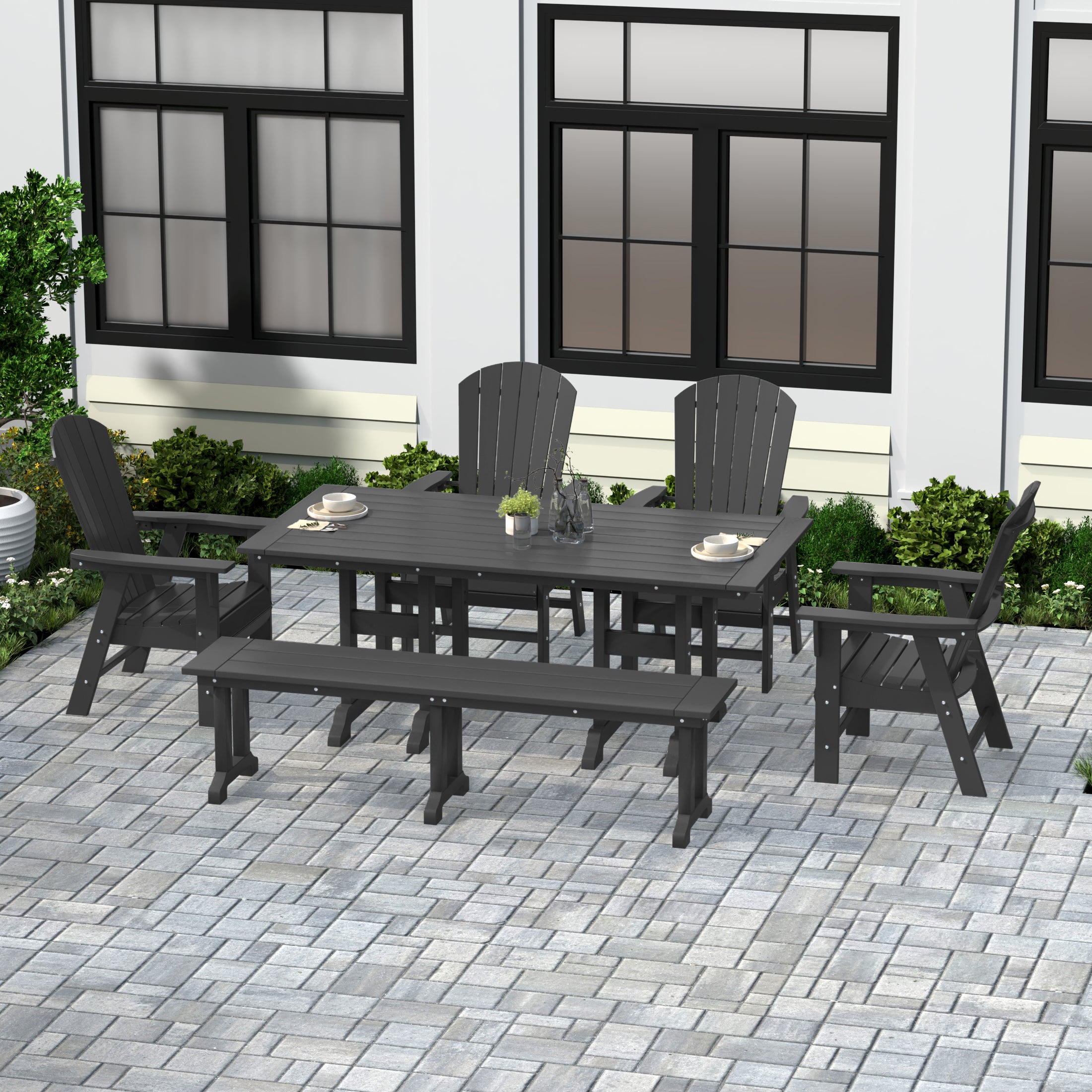 Portside 6 Piece Outdoor Patio Dining Table and Armchair Dining Bench Set