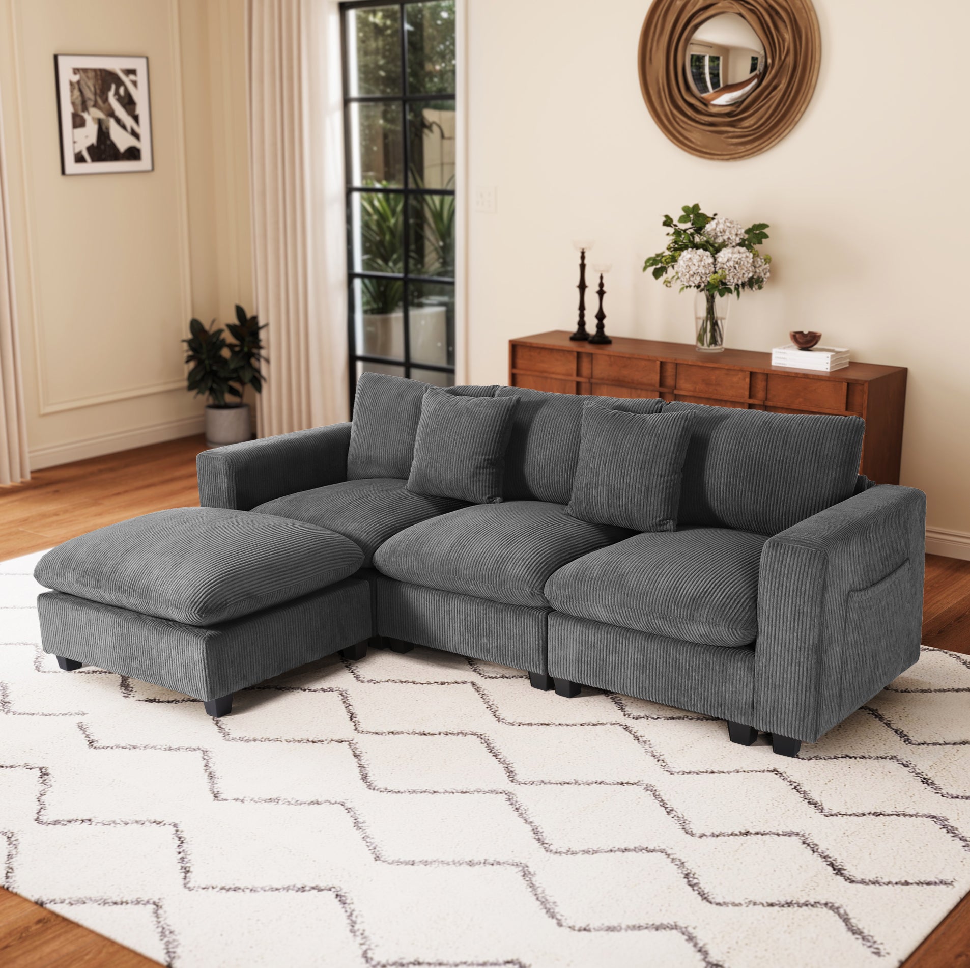 Ava 99" Modular Corduroy L-Shaped Sectional Sofa and Chaise With USB/Type-C Ports and Side Pockets