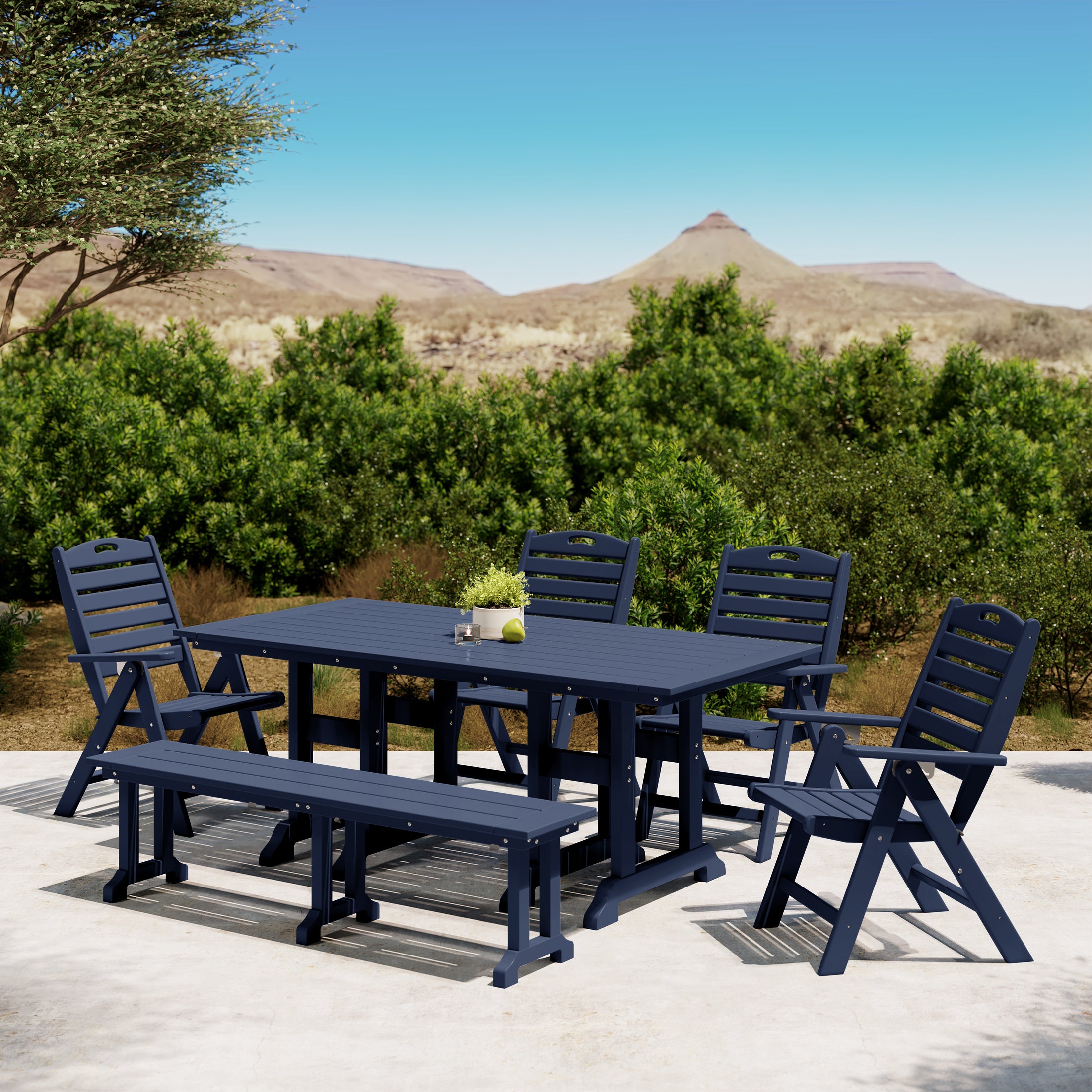 Paradise 6-Piece HDPE Rectangular Patio Dining Table Set with Foldable Chairs and Patio Bench