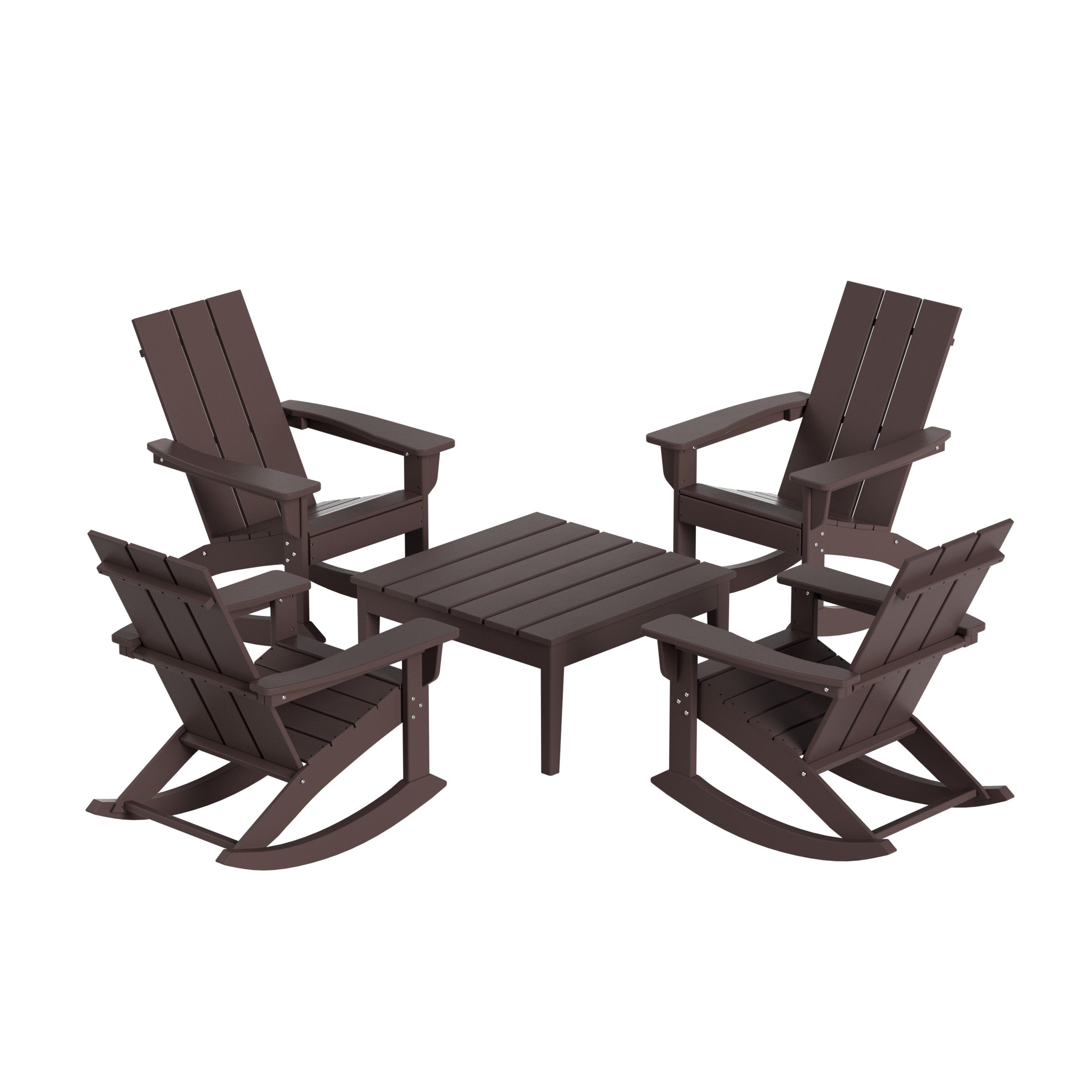 Palms 5-Piece Set Modern Plastic Outdoor Rocking Chairs with Square Side Table