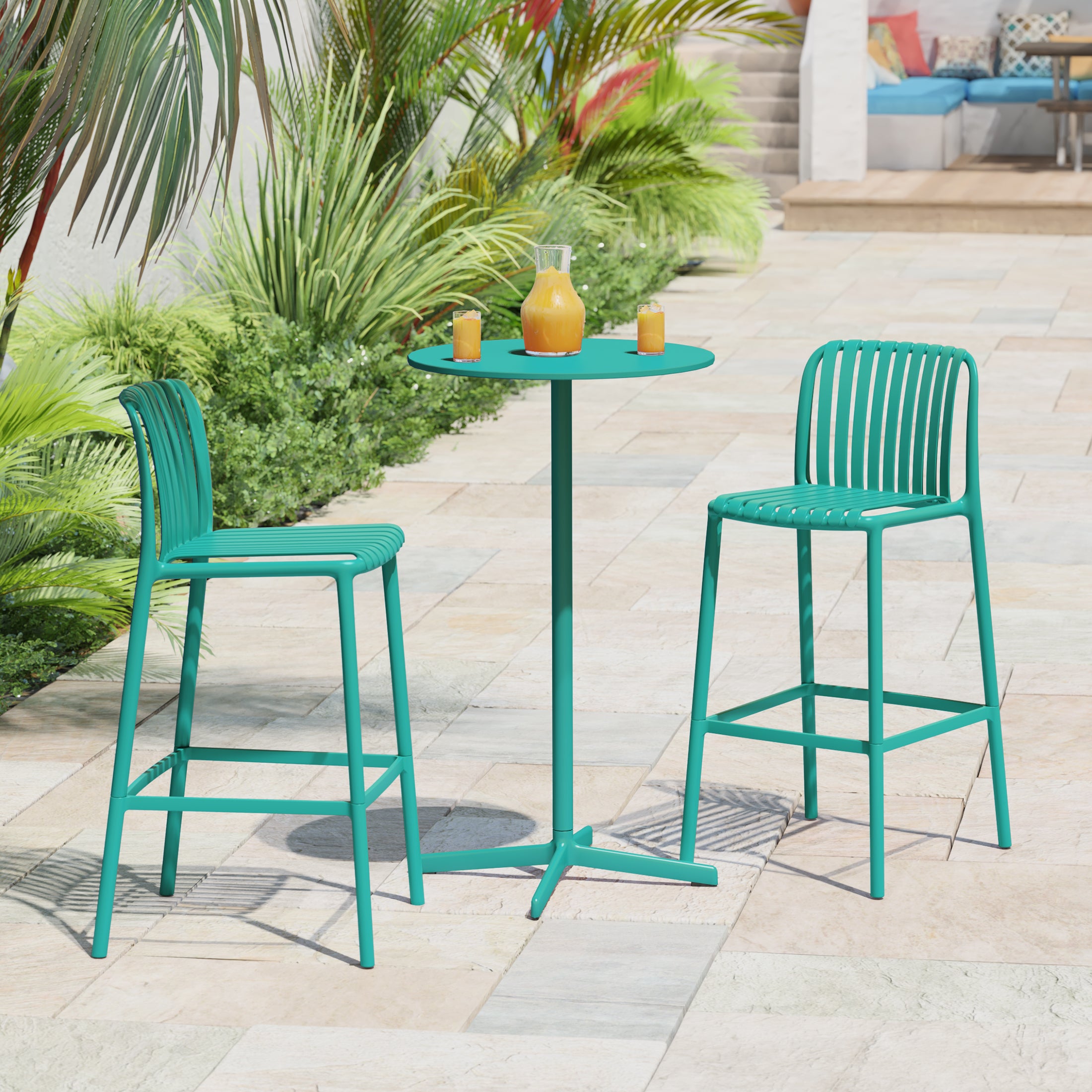 Sunshine 29.5" Outdoor Modern Polypropylene Plastic Patio Bar Height Stools (Set of 2)
