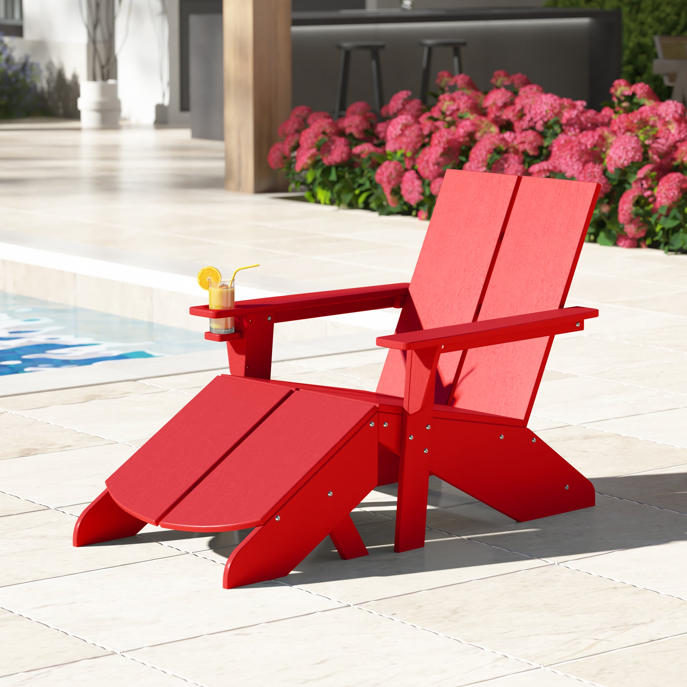 Seaview Outdoor HDPE Modern Adirondack Chair with Folding Patio Ottoman and Cup Holder