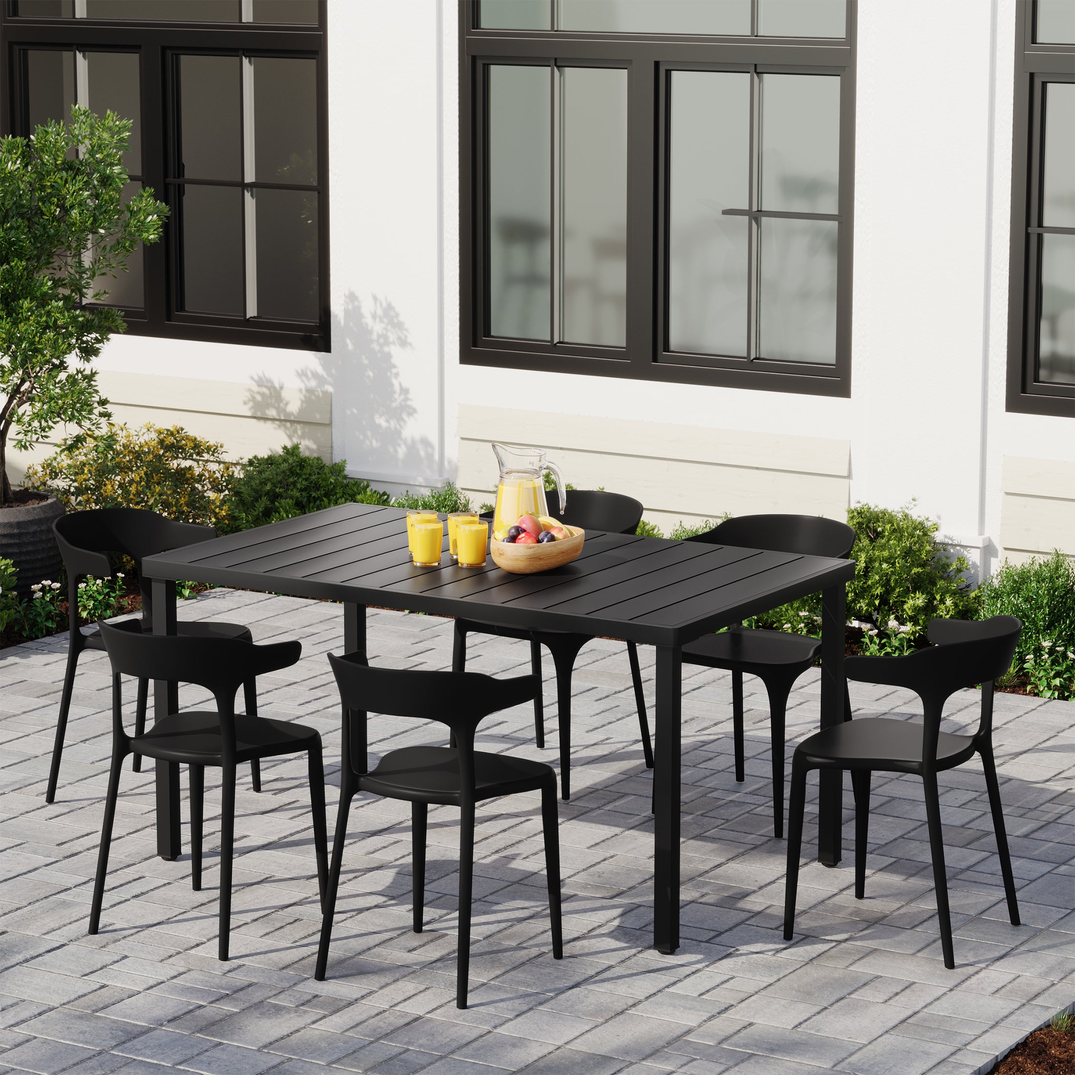 Sunshine 7-Piece Outdoor Metal Rectangle Patio Dining Table Set With Stackable Plastic Dining Chairs For 6