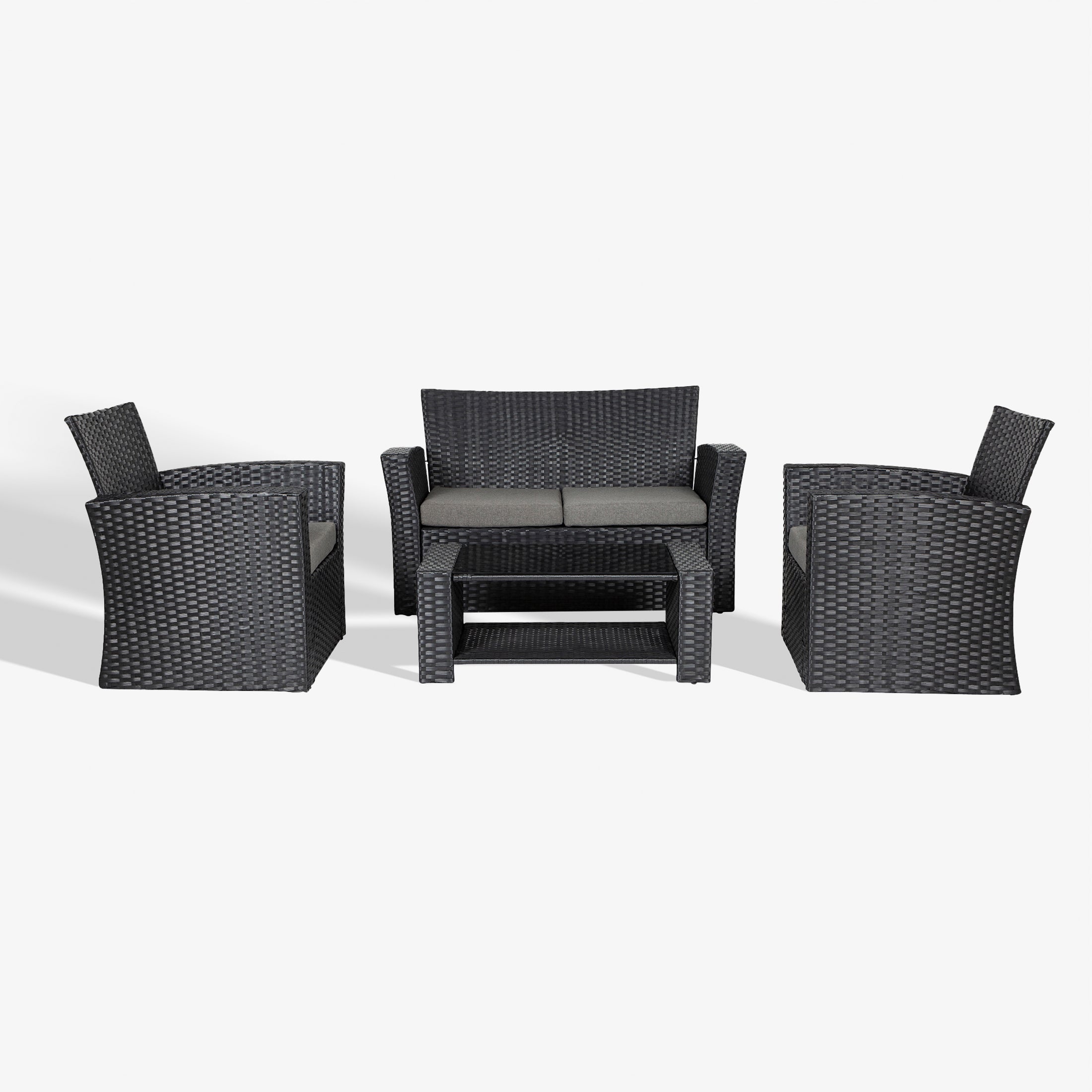 Wynston 4-Piece set Black color base Outdoor / Patio Wicker Rattan Conversation Sofa set with cushions and a Coffee table ( 4 seater )