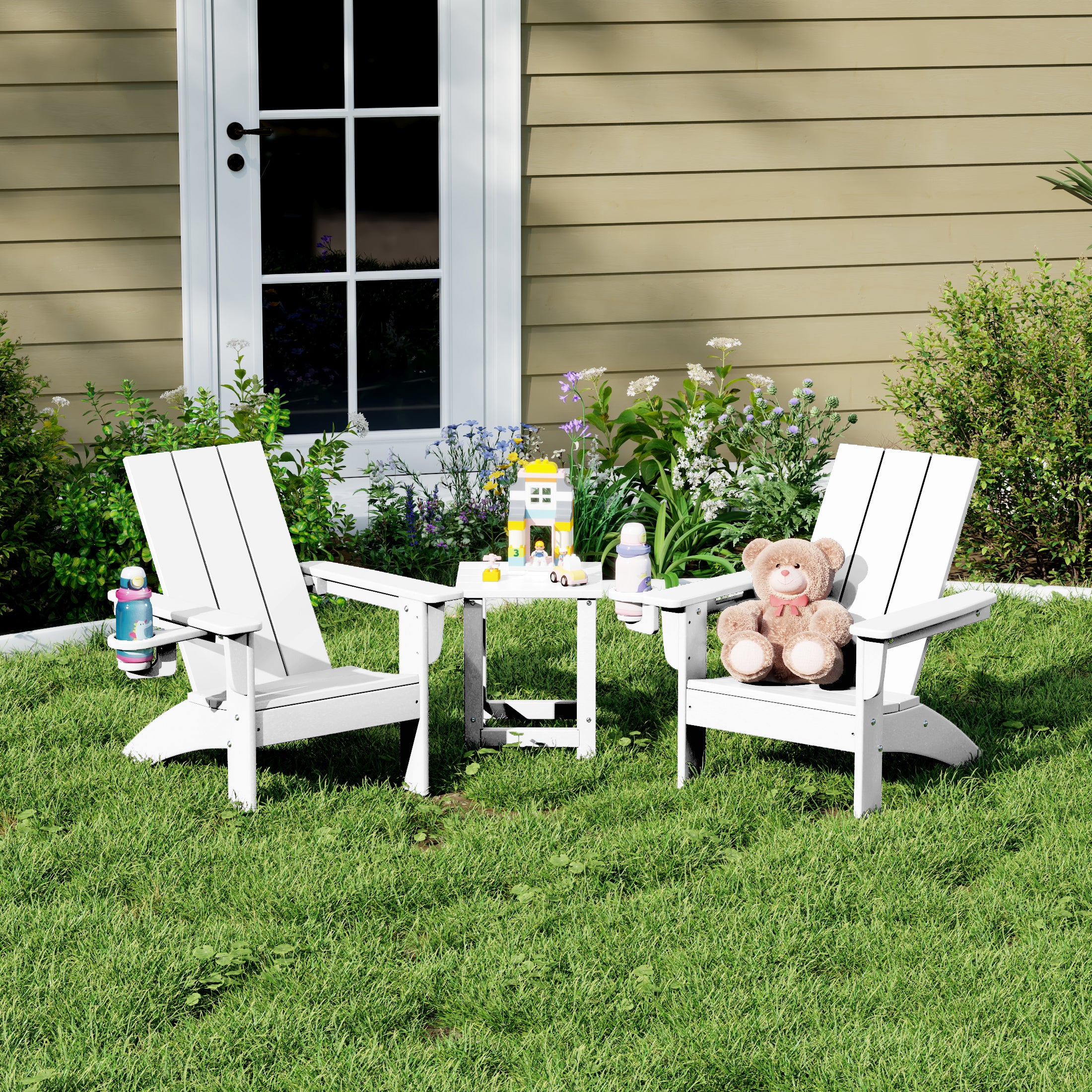 Palms 3-Piece Kids HDPE Modern Adirondack Chairs Set with Square Side Table and Cup Holders