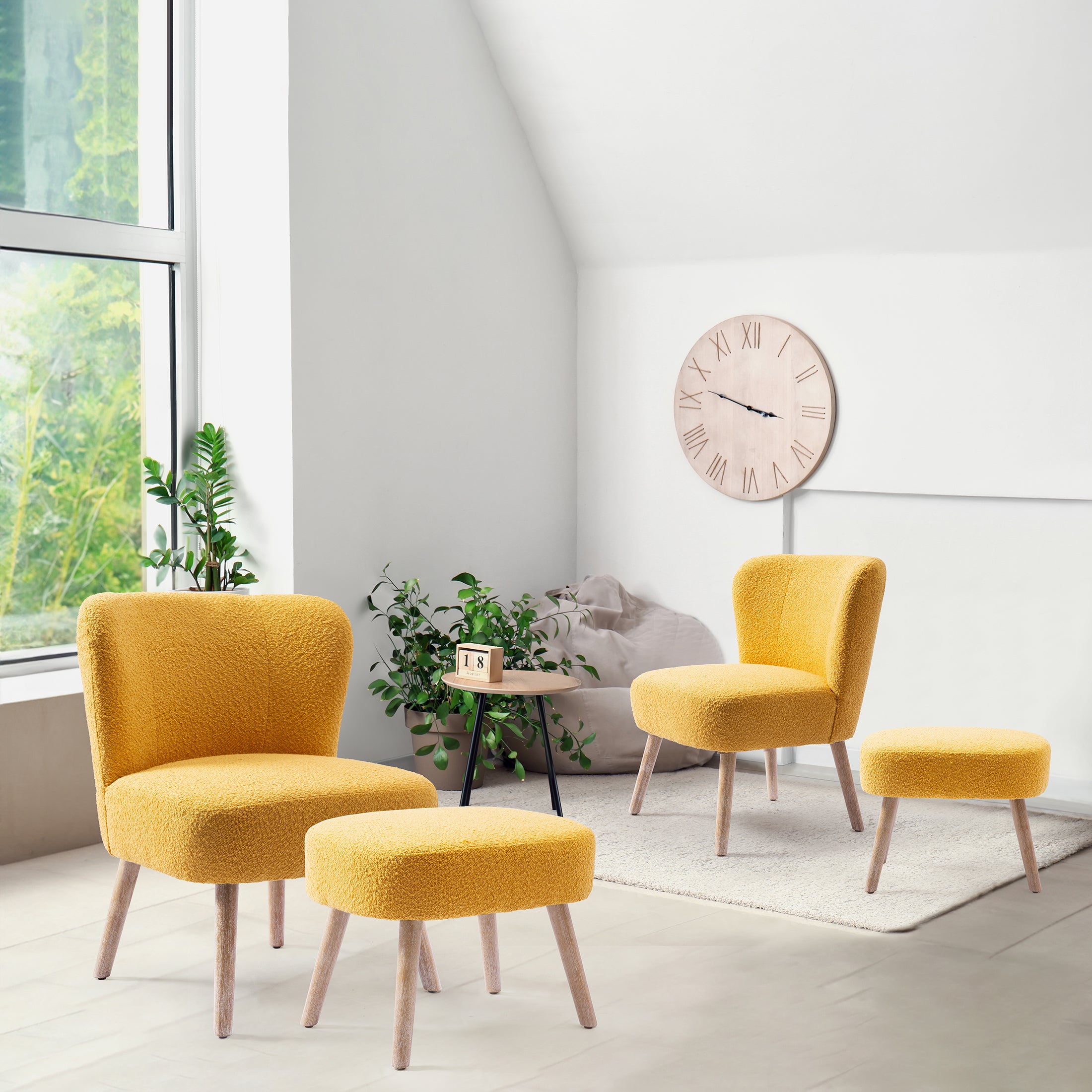 Amélie 4-Piece Set Mid-Century Boucle Accent Chairs with Ottoman Foot Stools