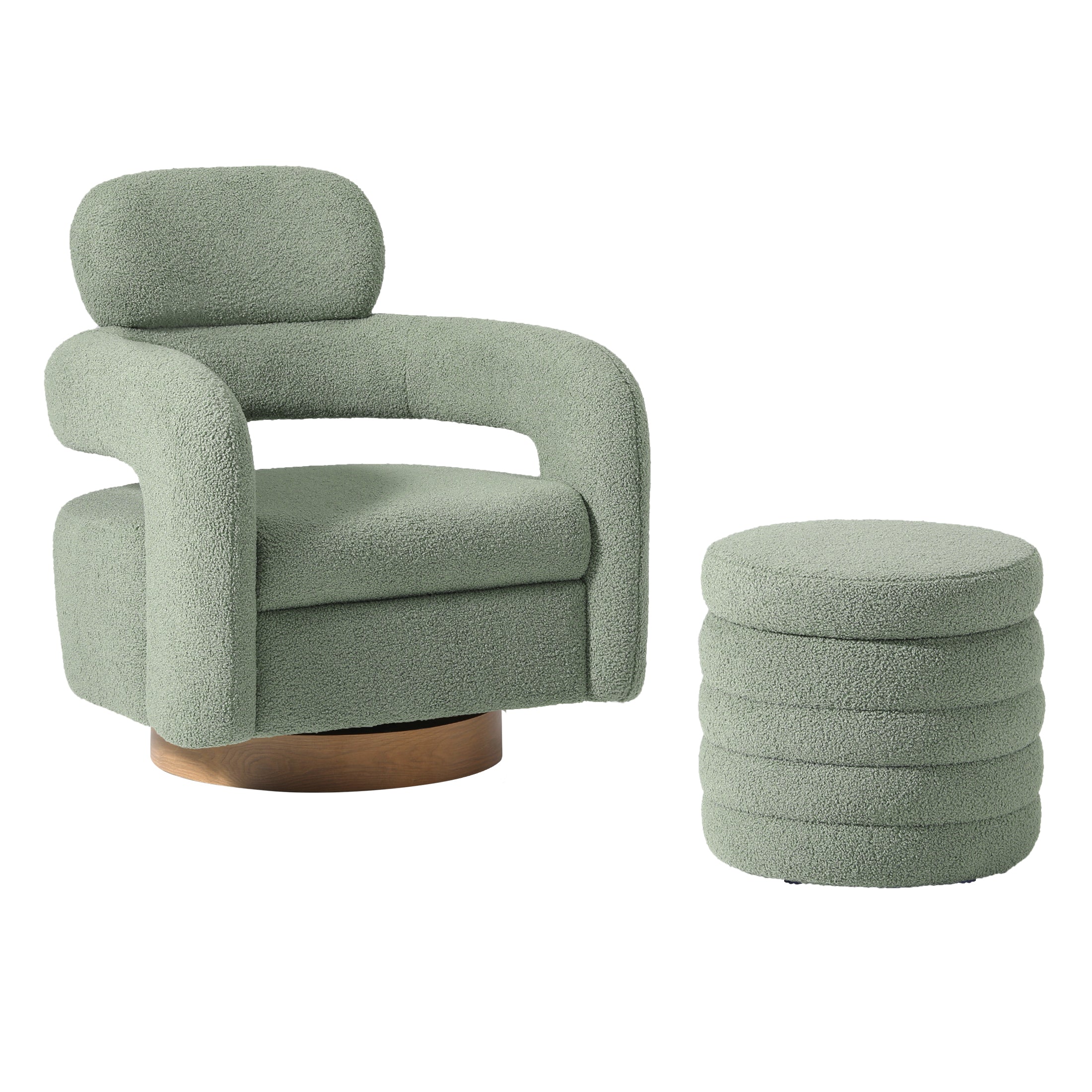 Celine Mid-Century Modern Sherpa Swivel Barrel Accent Chair With Storage Ottoman