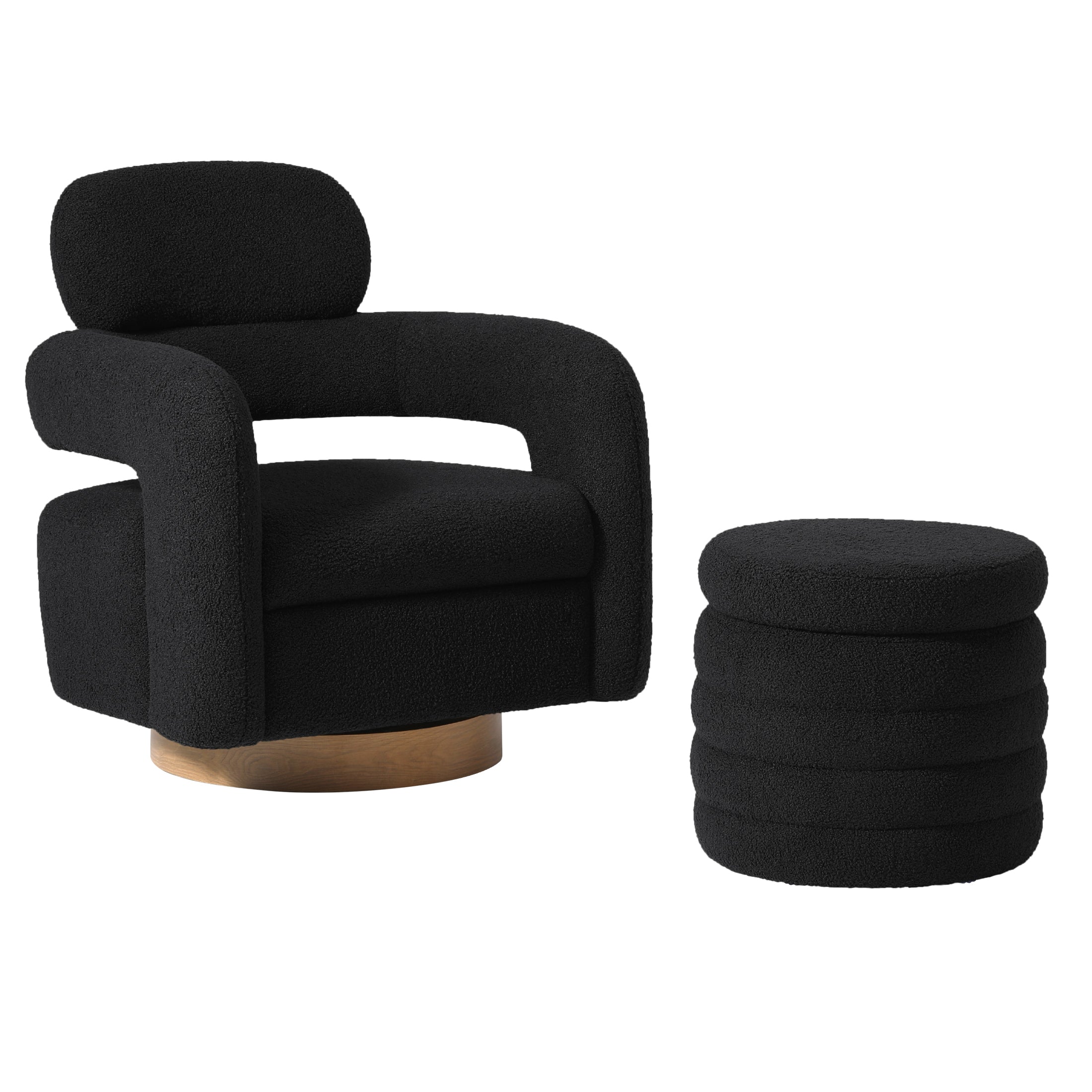 Celine Mid-Century Modern Sherpa Swivel Barrel Accent Chair With Storage Ottoman