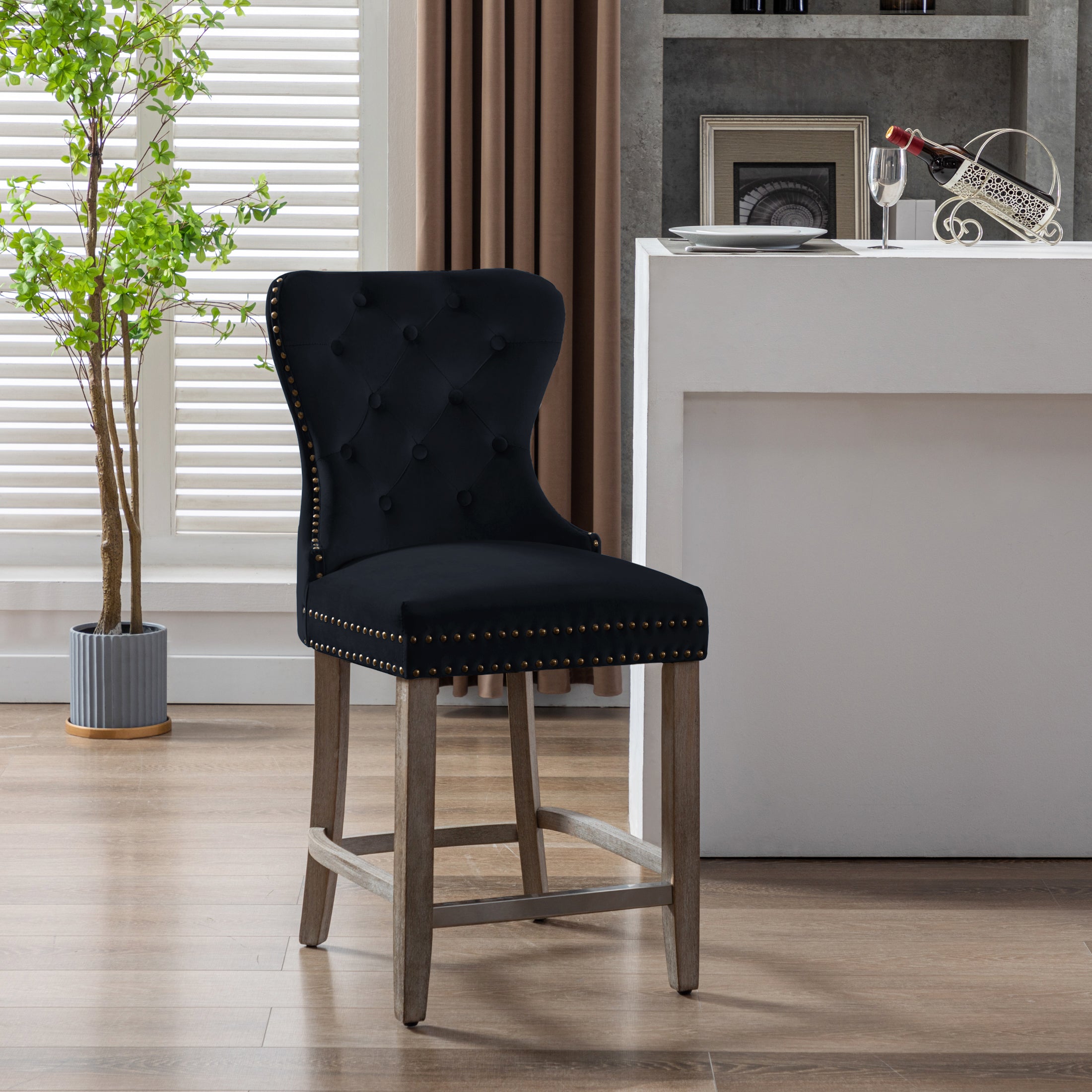 Hank 24" Tufted Velvet Counter Stool, Antique Gray