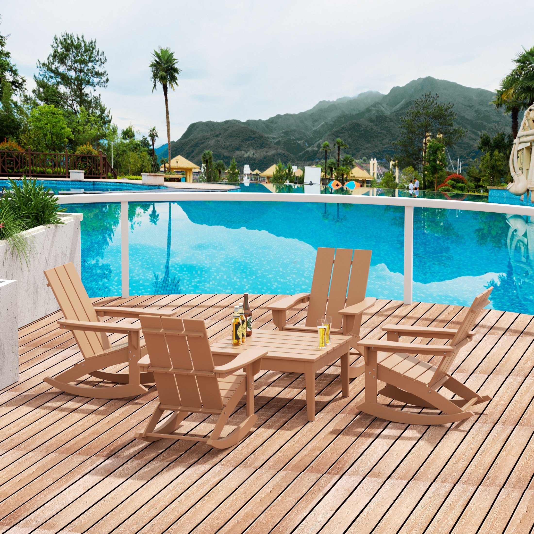 Palms 5-Piece Set Modern Plastic Outdoor Rocking Chairs with Square Side Table