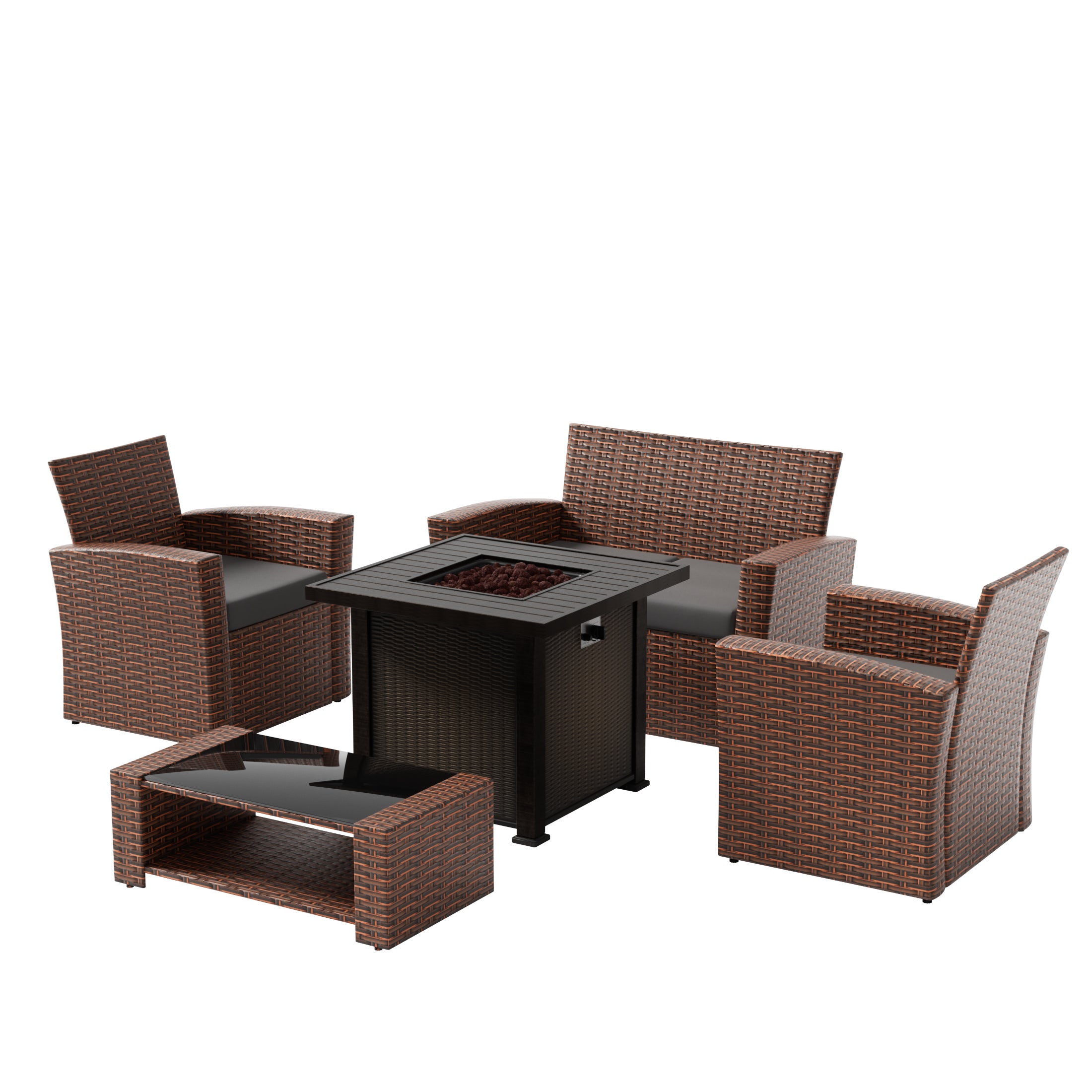 Wynston 4-Piece Conversation Outdoor Patio Sofa Set with Square Fire Pit Table, Brown