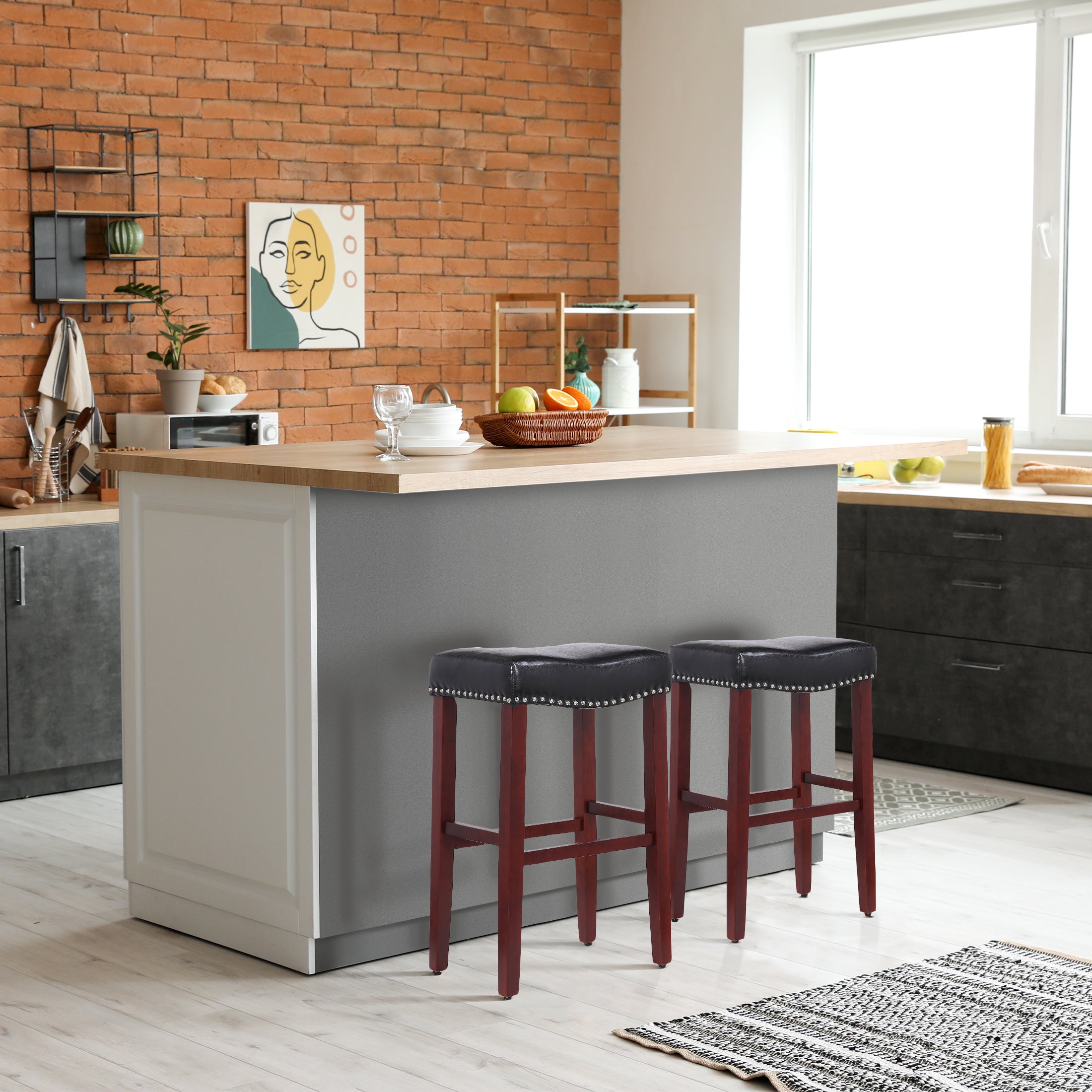 Bulmon 29" upholstered nail head bar counter stools with Cherry Red color legs (2 piece set)