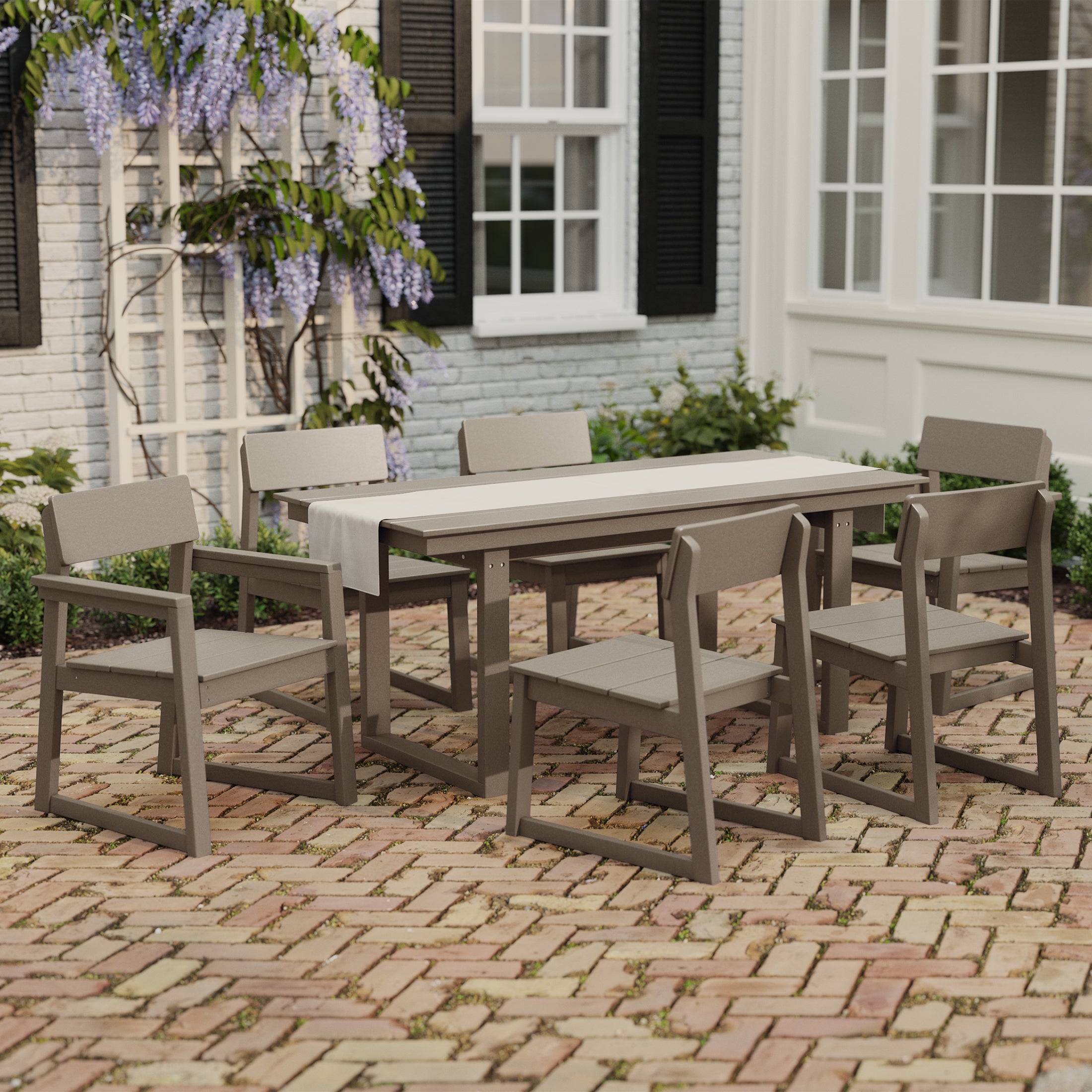 Cambria 7-Piece Modern HDPE Outdoor Patio Dining Table Set With Umbrella Hole