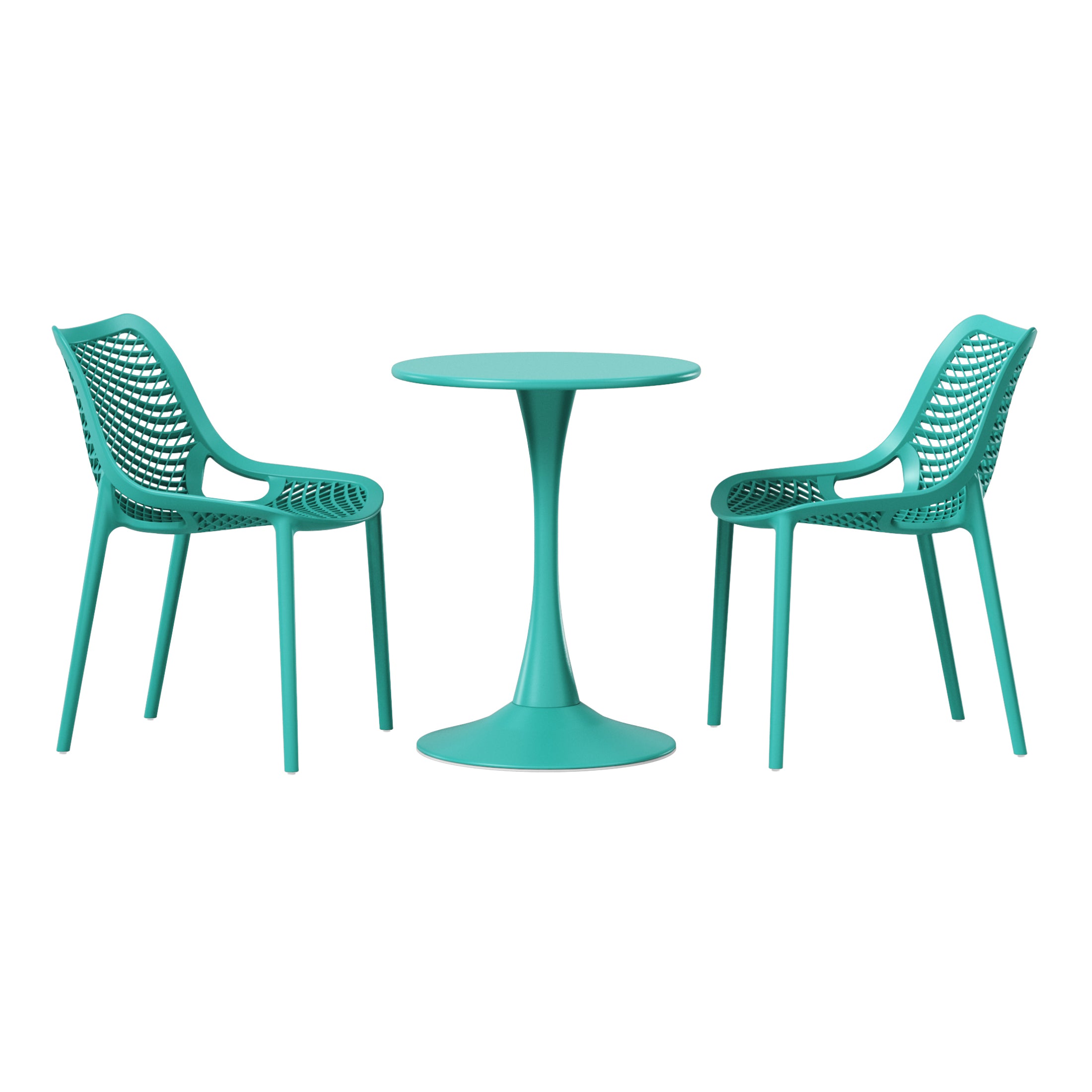 Sunshine 3-Piece Outdoor Round Metal Dining Table Set And Stackable Resin Patio Dining Side Chairs
