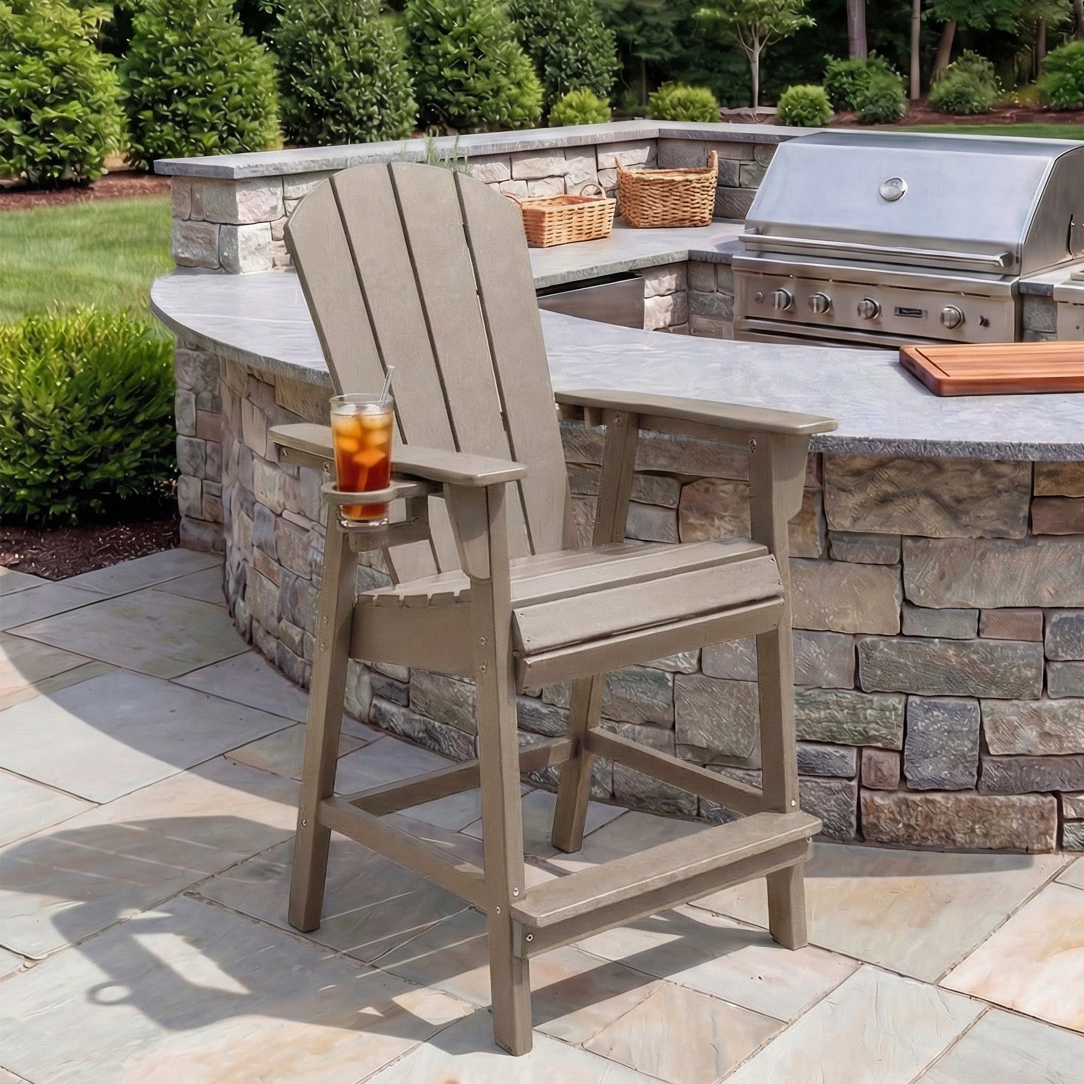 Paradise Outdoor HDPE  Tall Adirondack Counter Height Bar Chair With Cup Holder