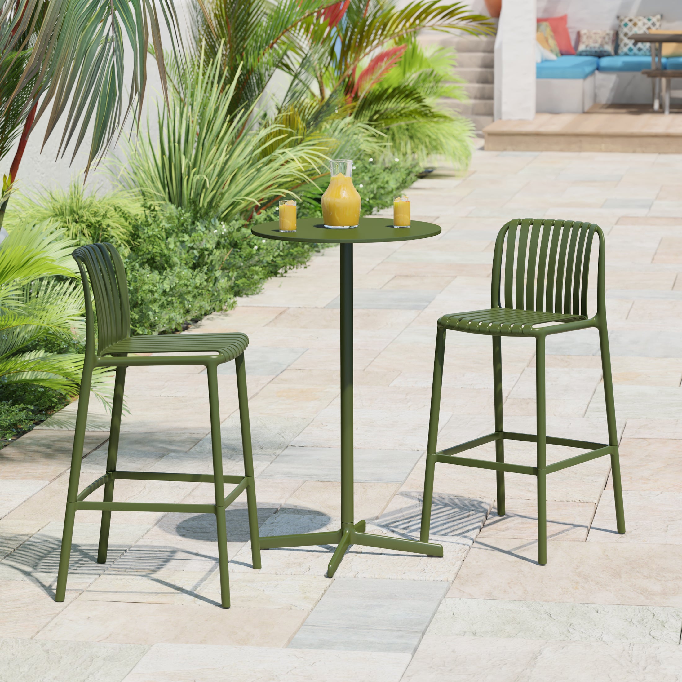 Sunshine 29.5" Outdoor Modern Polypropylene Plastic Patio Bar Height Stools (Set of 2)