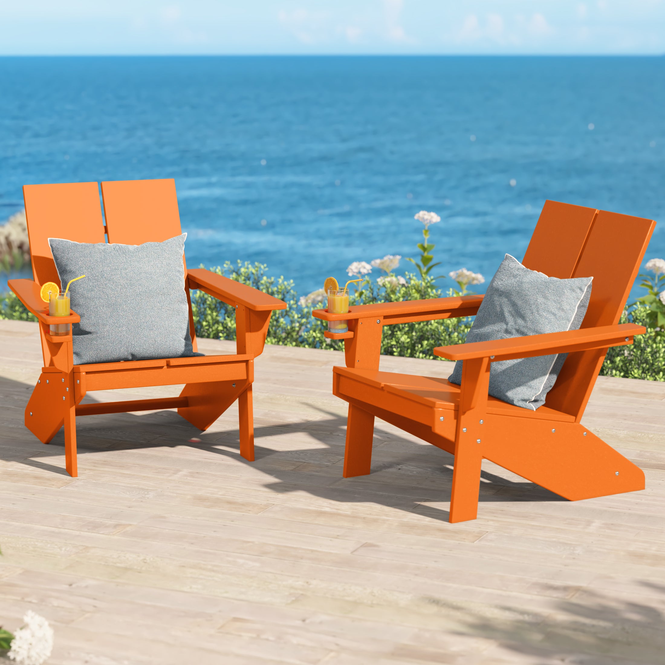 Seaview Outdoor HDPE Modern Adirondack Chair with Cup Holder (Set of 2)
