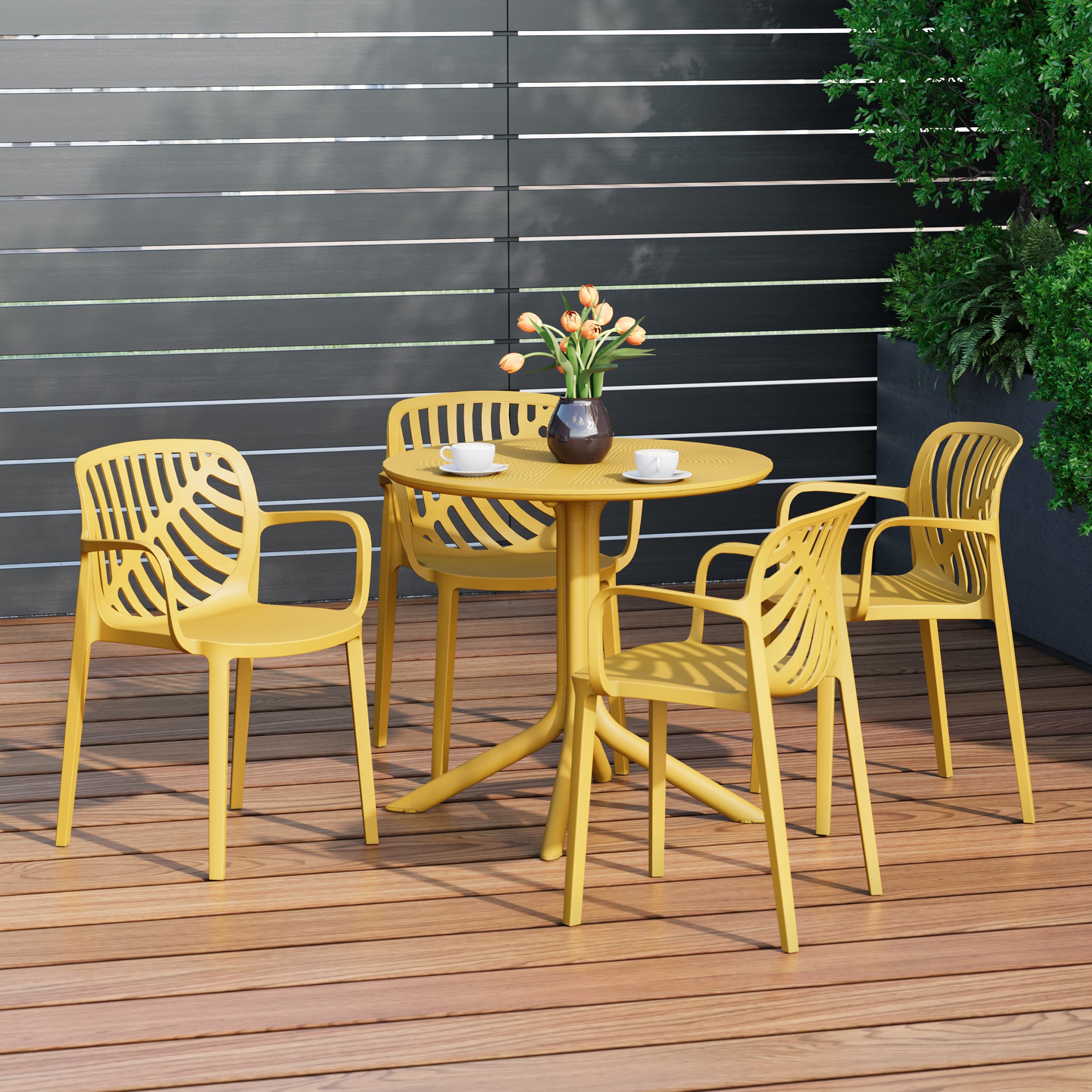 Sunshine 5-Piece Outdoor Resin Round Patio Dining Table Set with Modern Stackable Patio Dining Chairs
