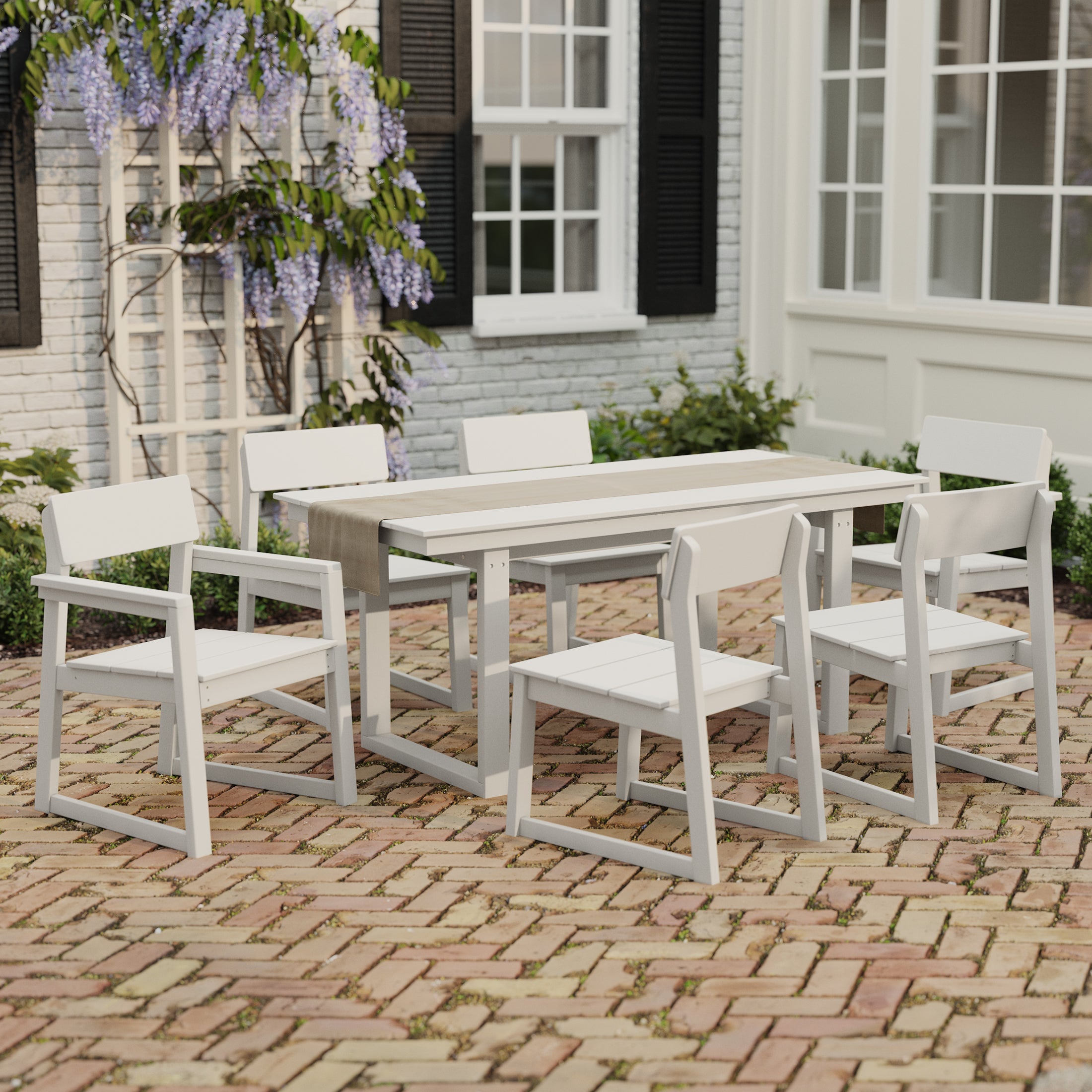 Cambria 7-Piece Modern HDPE Outdoor Patio Dining Table Set With Umbrella Hole
