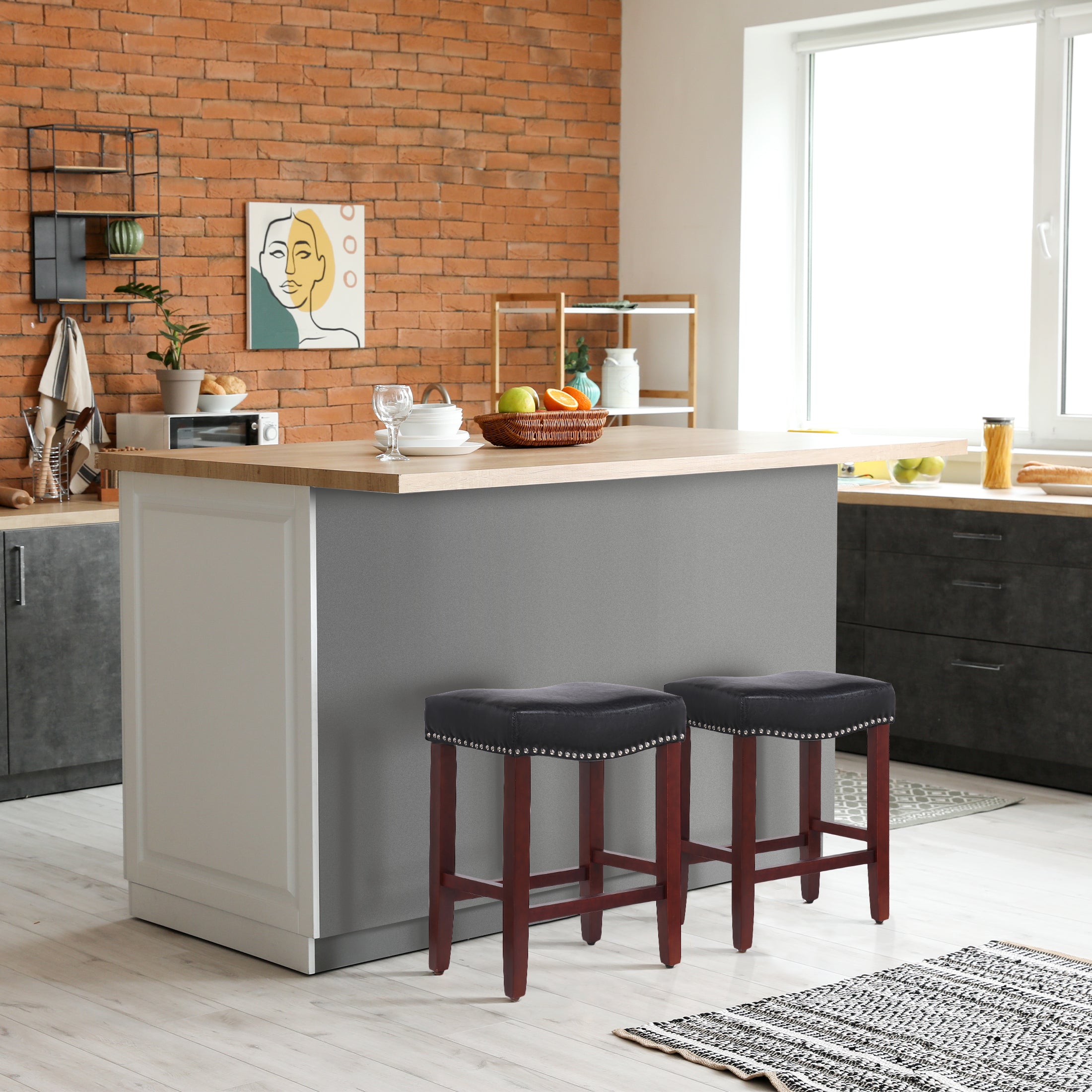 Bulmon 24" upholstered nail head bar counter stools with Cherry Red color legs (2 piece set)