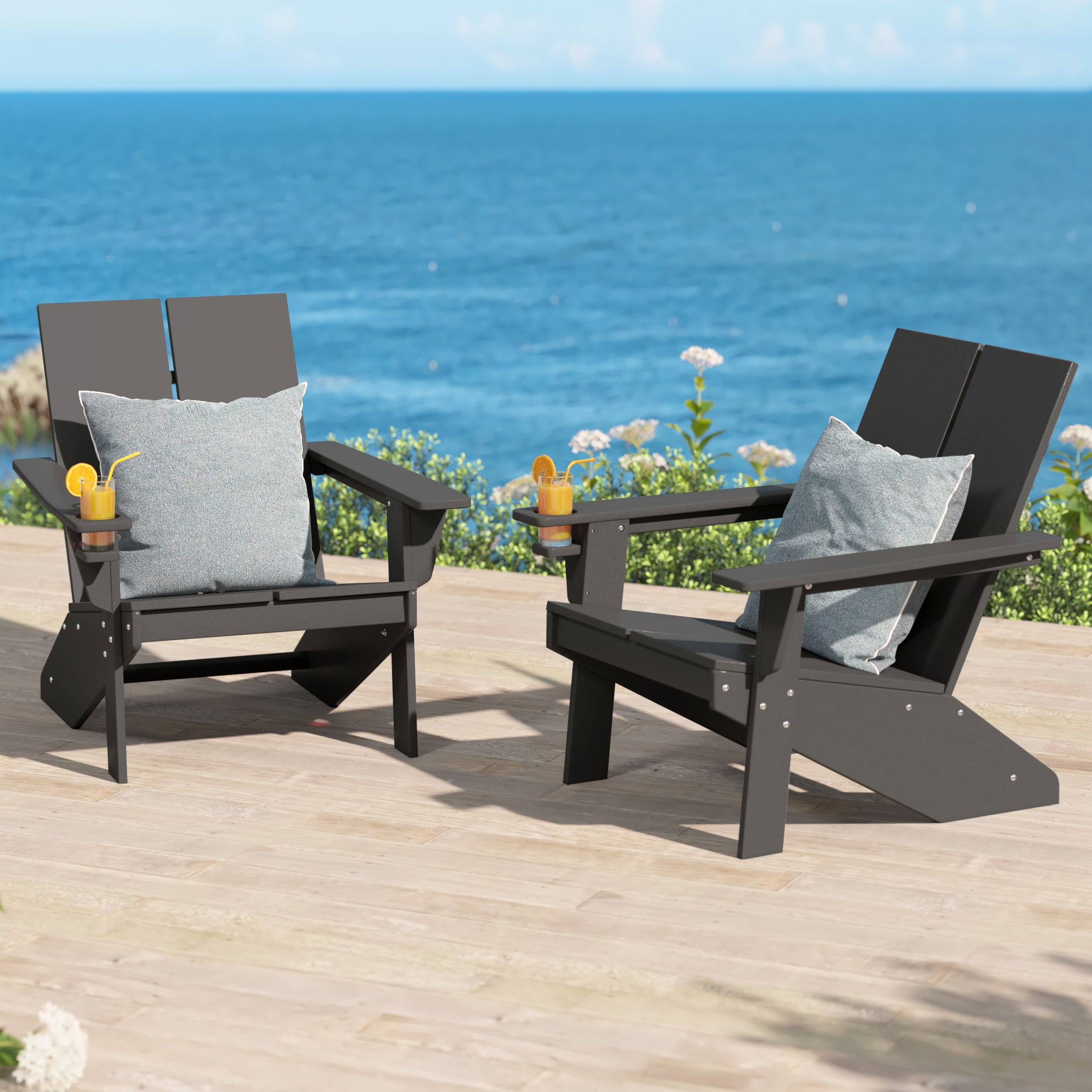 Seaview Outdoor HDPE Modern Adirondack Chair with Cup Holder (Set of 2)