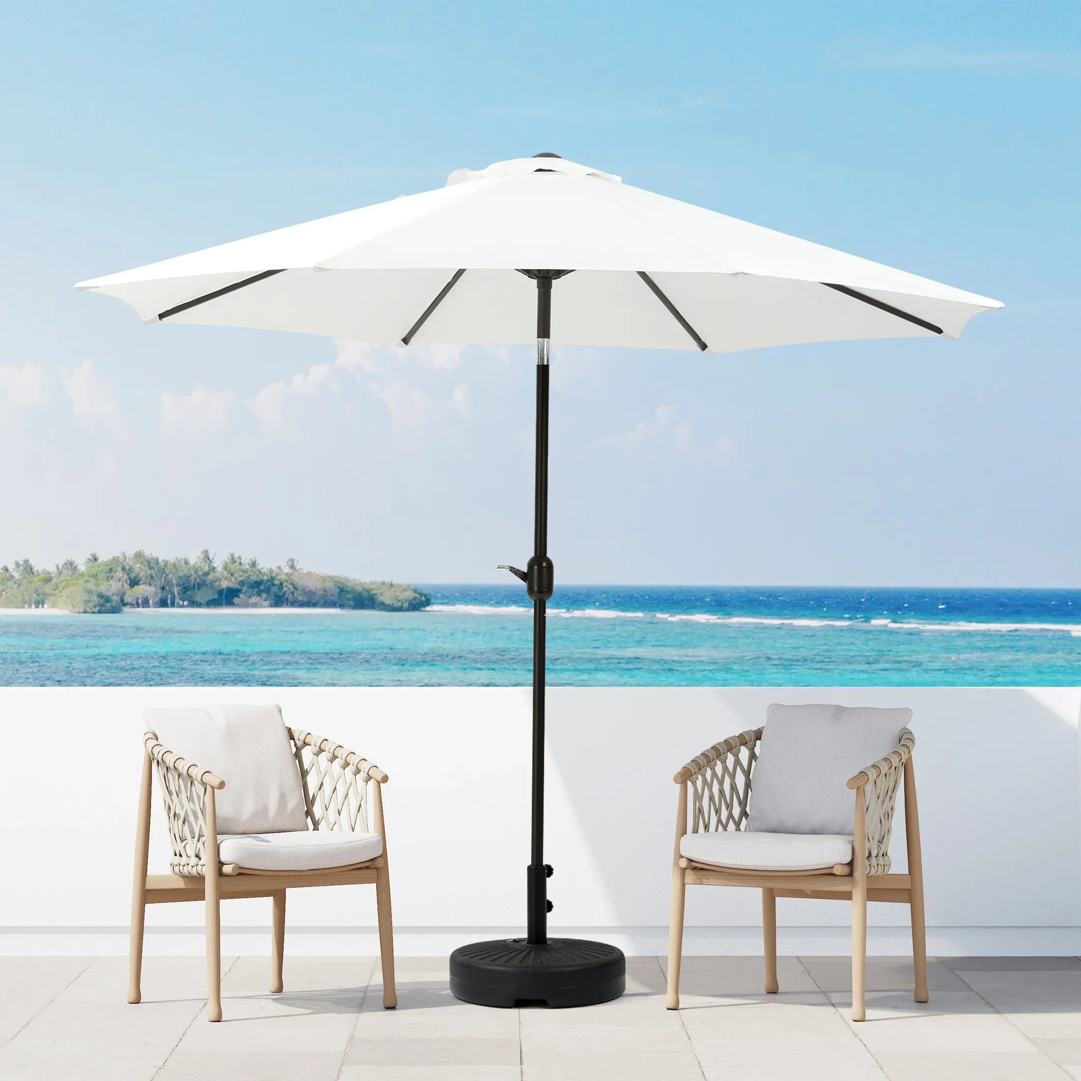 9foot blue and white patio umbrella Cabana 9 ft. Patio Table Umbrella with tilt and crank features