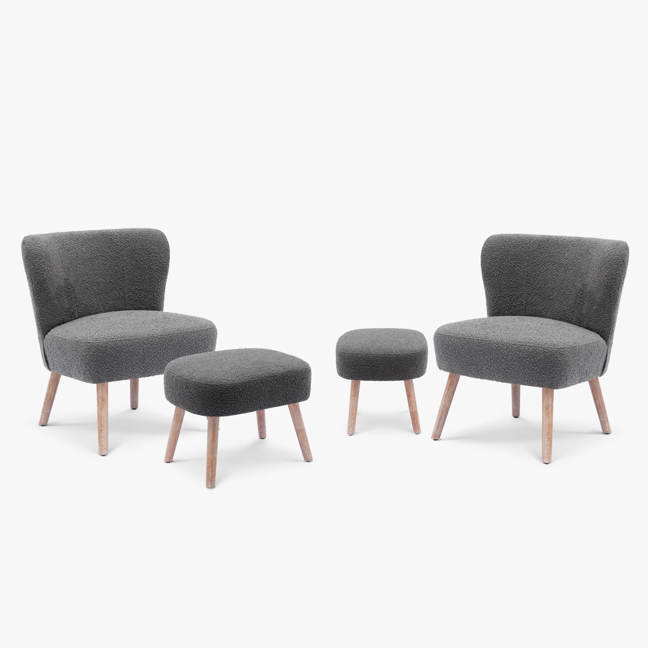 Amélie 4-Piece Set Mid-Century Boucle Accent Chairs with Ottoman Foot Stools