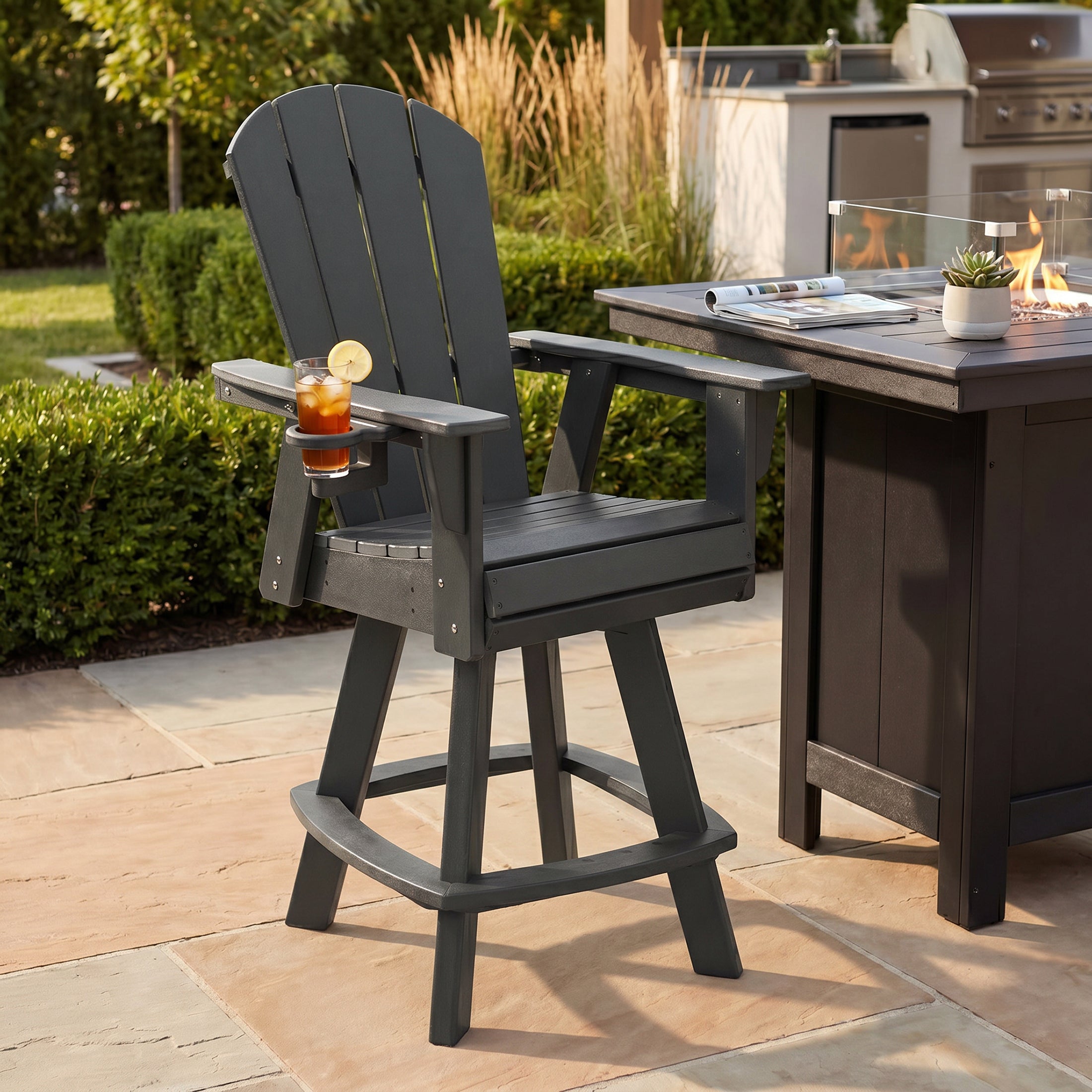 Paradise Outdoor HDPE Swivel Adirondack Bar Height Chair With Cup Holder