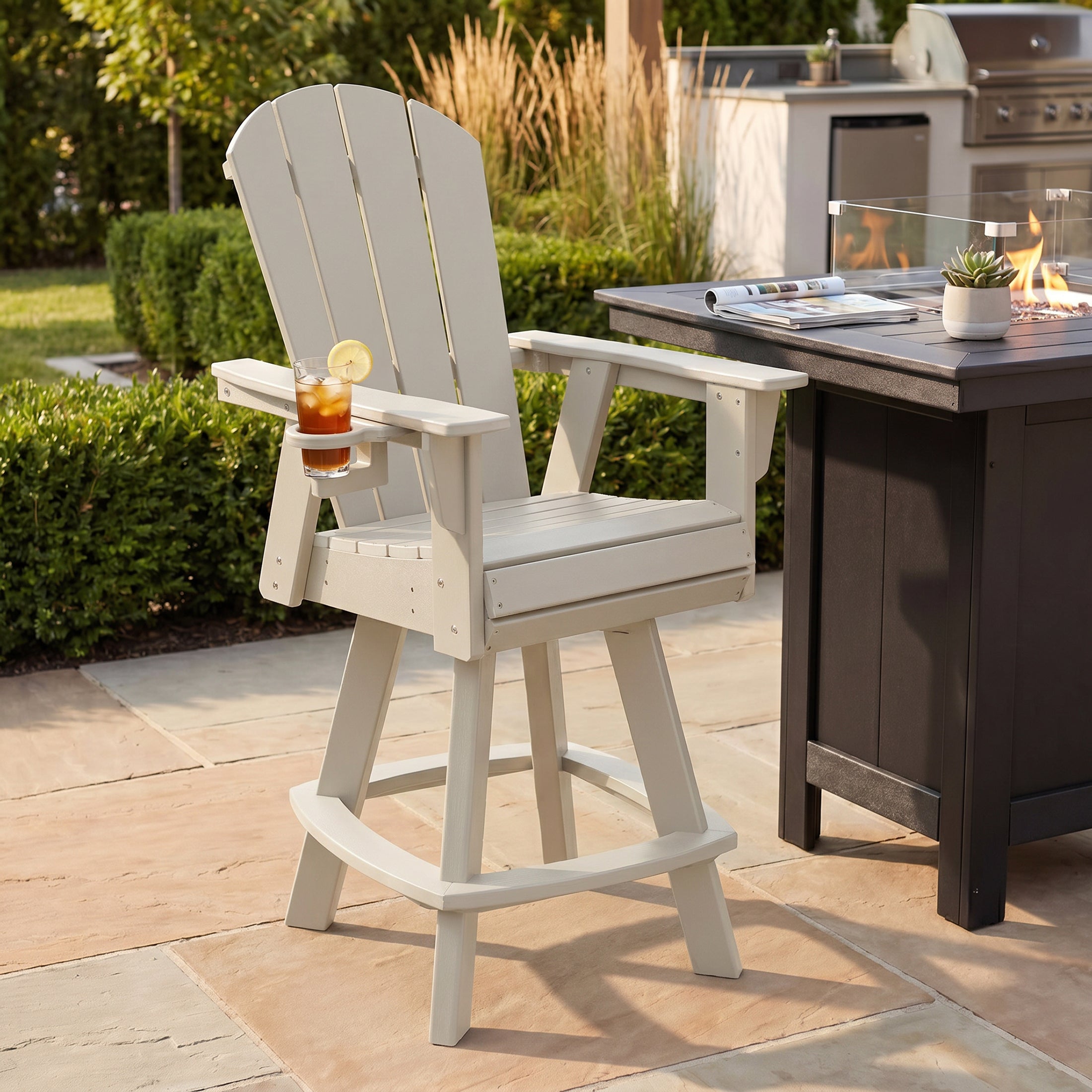 Paradise Outdoor HDPE Swivel Adirondack Bar Height Chair With Cup Holder
