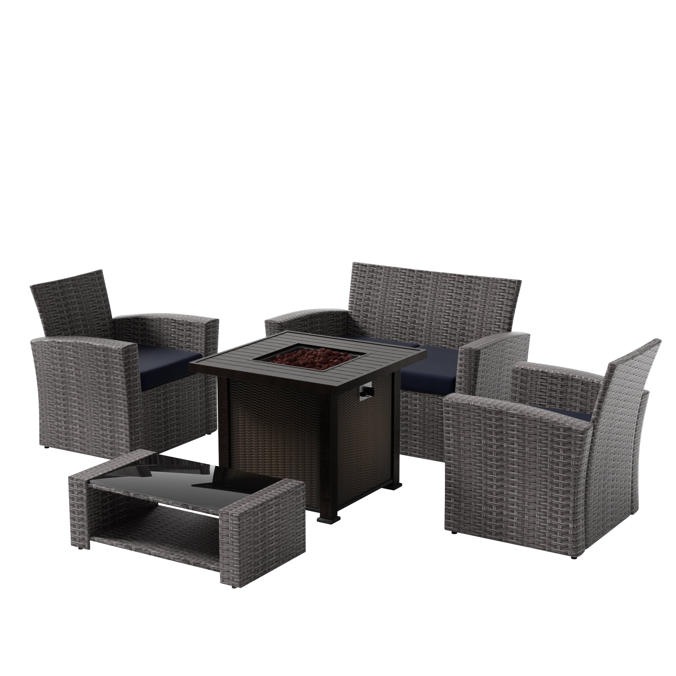 Wynston 4-Piece Conversation Outdoor Patio Sofa Set with Square Fire Pit Table, Gray