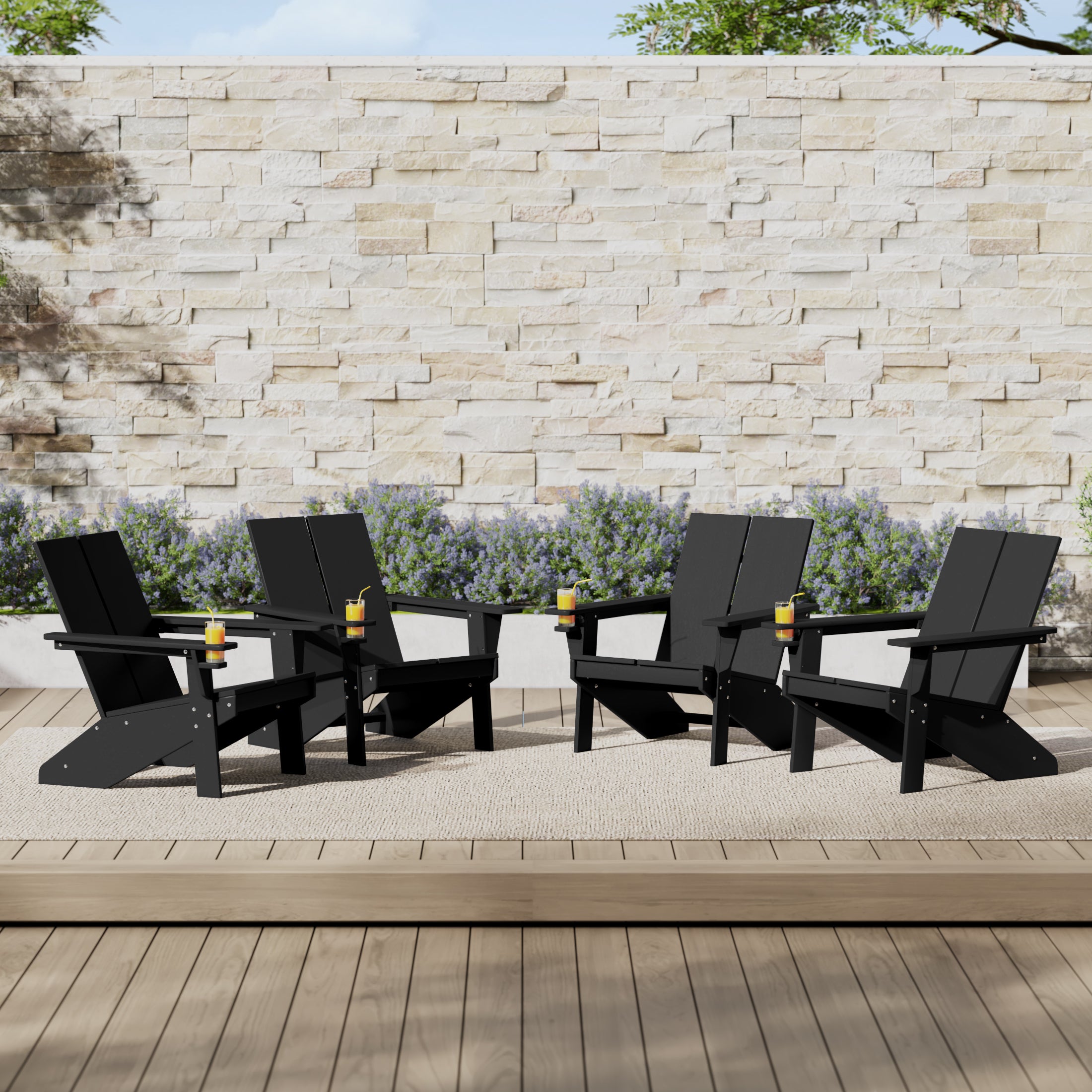 Seaview Outdoor HDPE Modern Adirondack Chair with Cup Holder (Set of 4)