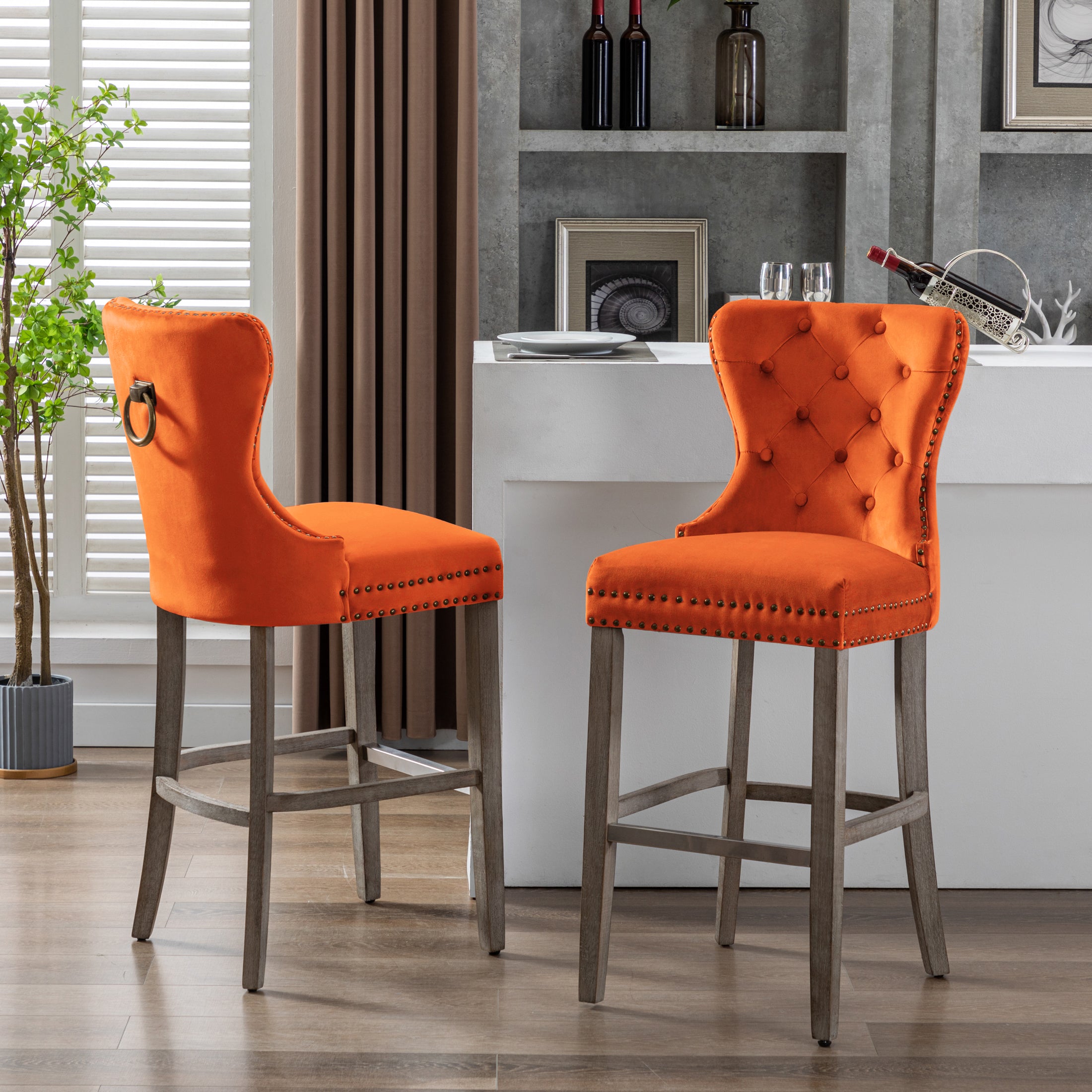 Hank 29" Tufted Velvet Bar Stool (Set of 2), Antique Gray