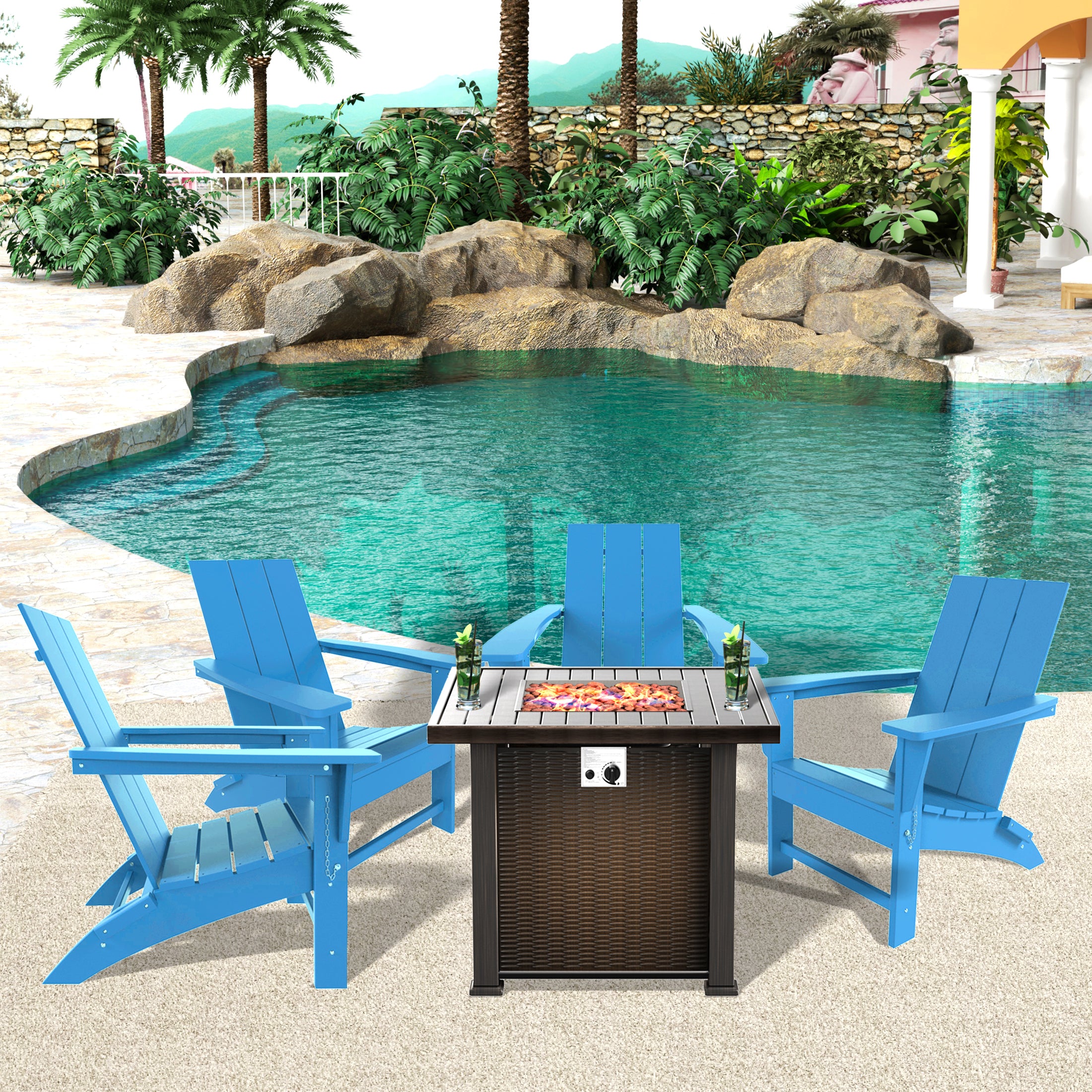 Palms Ashore Modern Folding Poly Adirondack Chair With Square Fire Pit Table