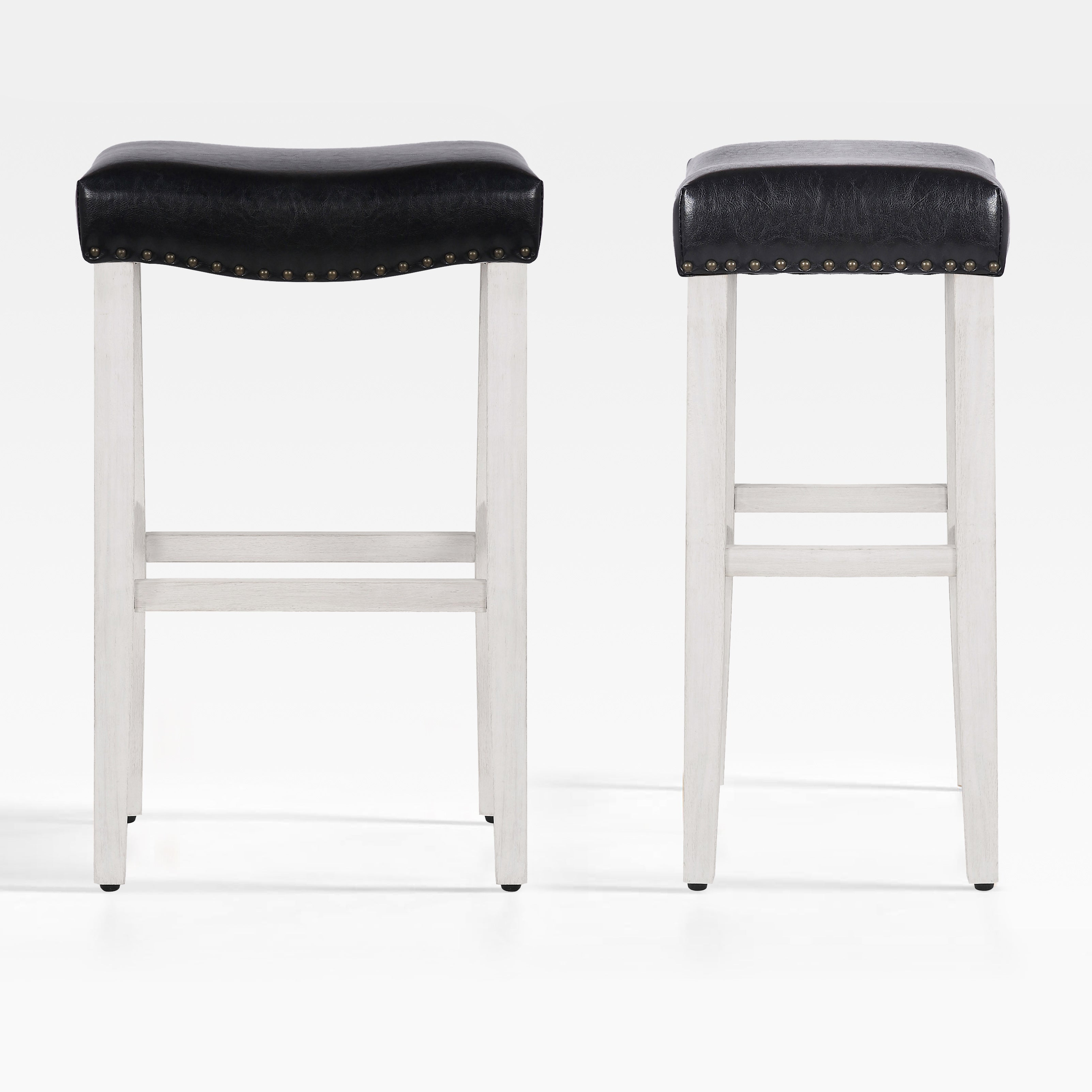 Bulmon 29" upholstered nail head bar counter stools with Antique White color legs (2 piece set)
