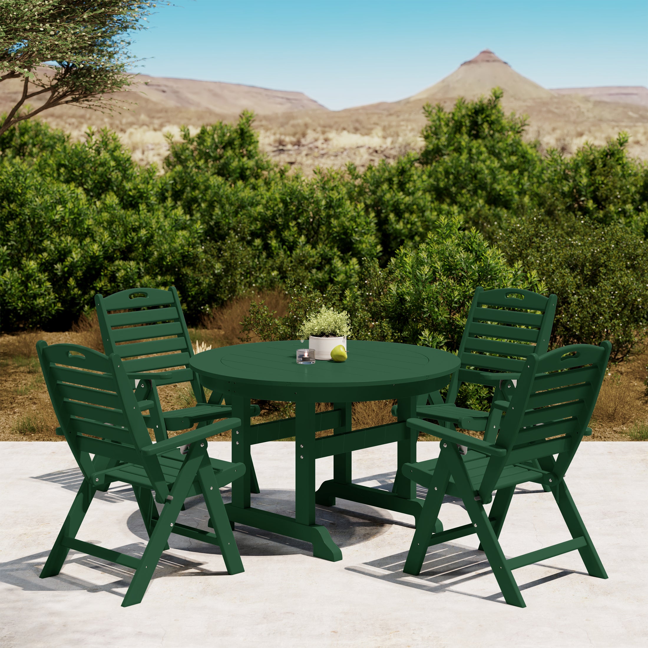Paradise 5-Piece HDPE Round Patio Dining Table Set with Foldable Chairs
