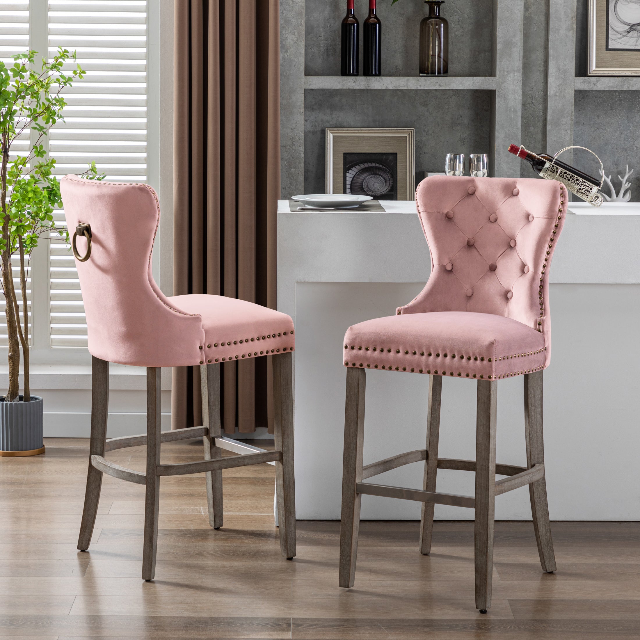 Hank 29" Tufted Velvet Bar Stool (Set of 2), Antique Gray