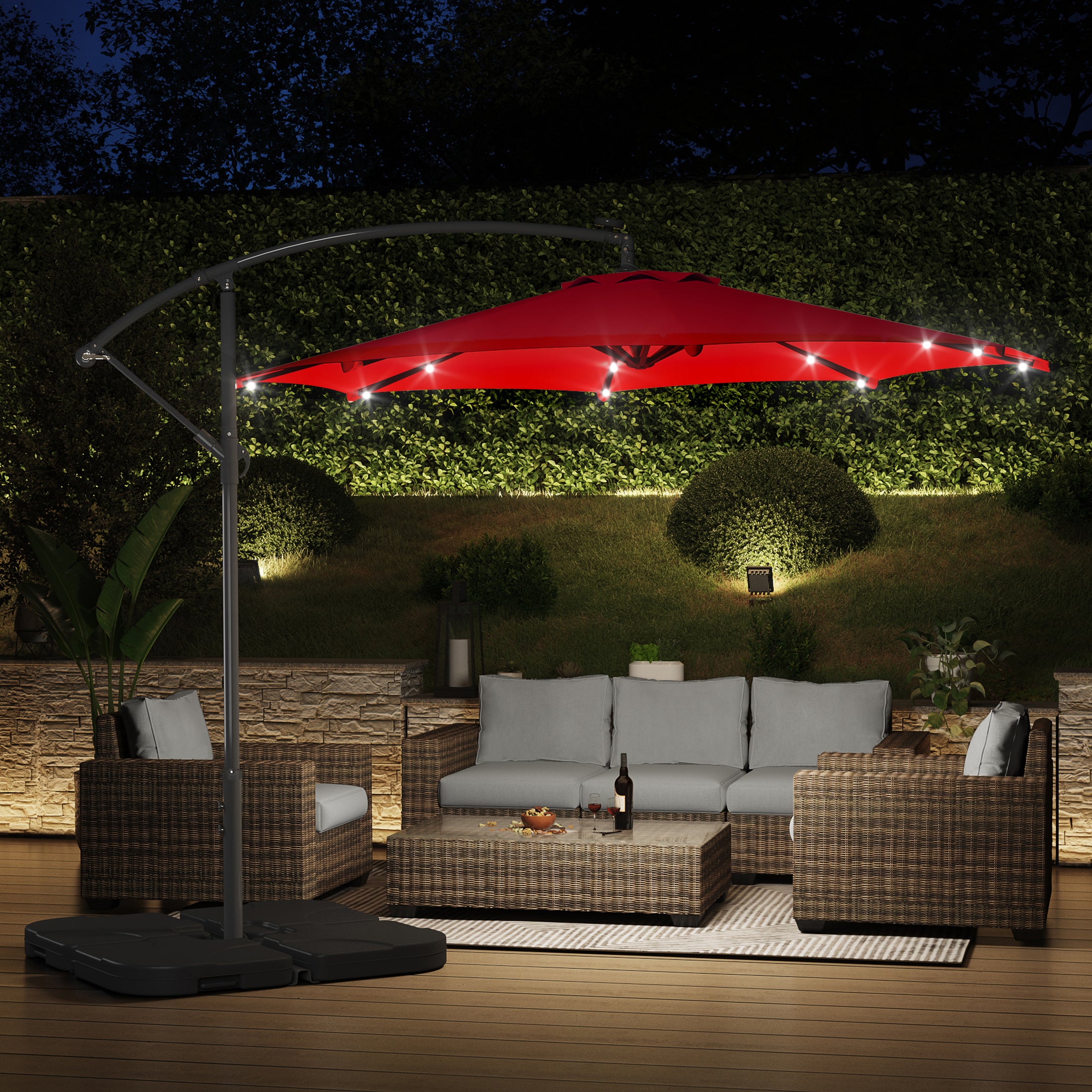 Westlake 10 ft. Outdoor / Paito Cantilever Hanging Umbrella with Solar Power LED lights and 50 lbs concrete weight base kit