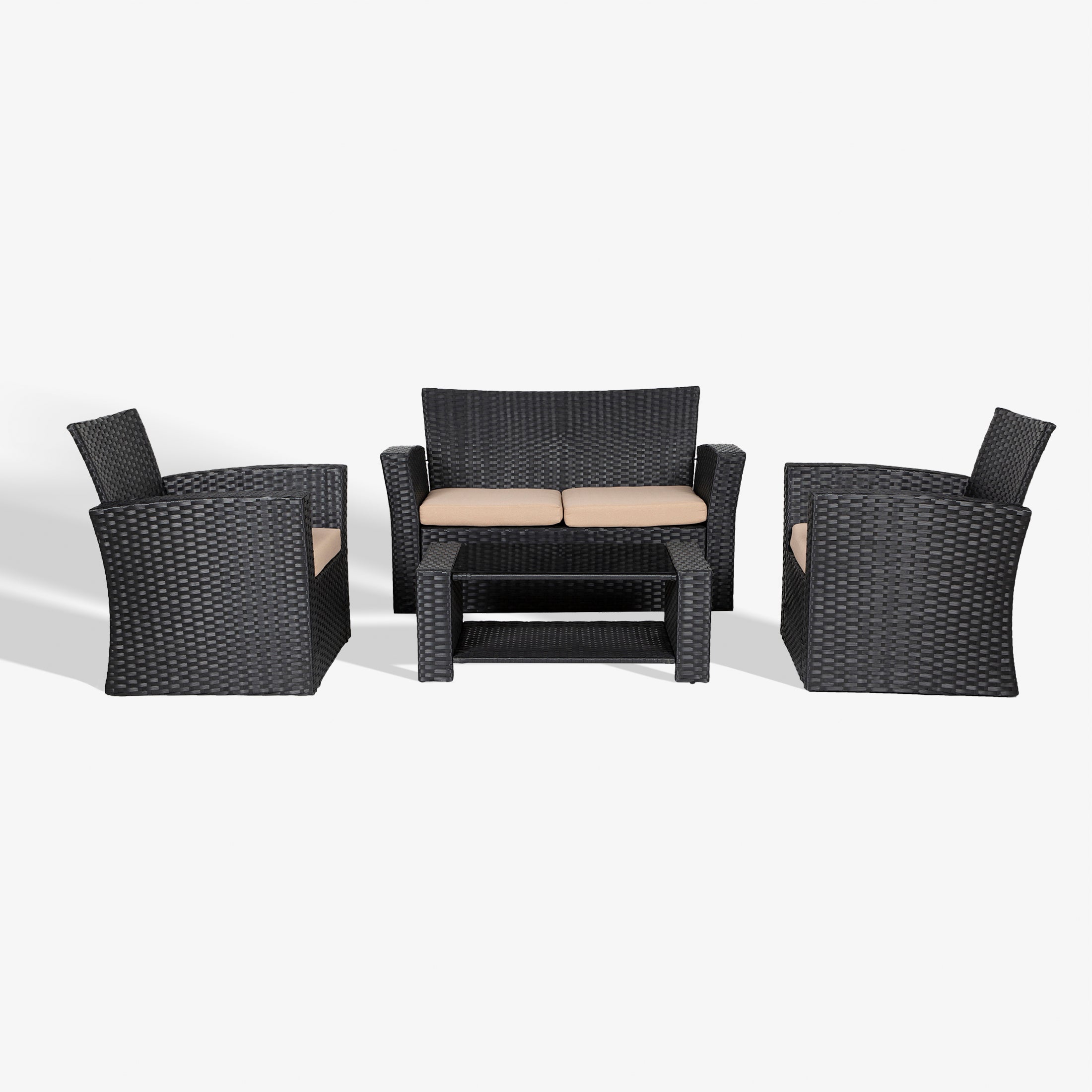 Wynston 4-Piece set Black color base Outdoor / Patio Wicker Rattan Conversation Sofa set with cushions and a Coffee table ( 4 seater )