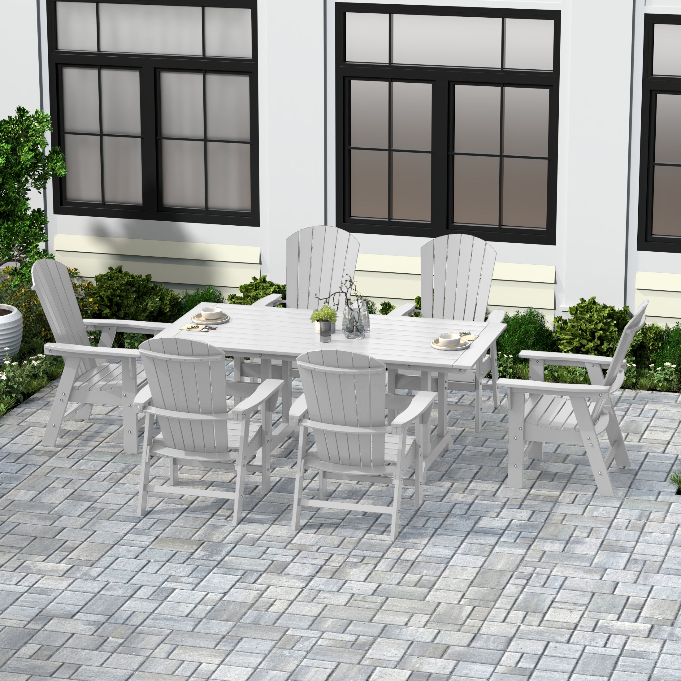 Portside 7 Piece Outdoor Patio Dining Table and Adirondack Armchair Set