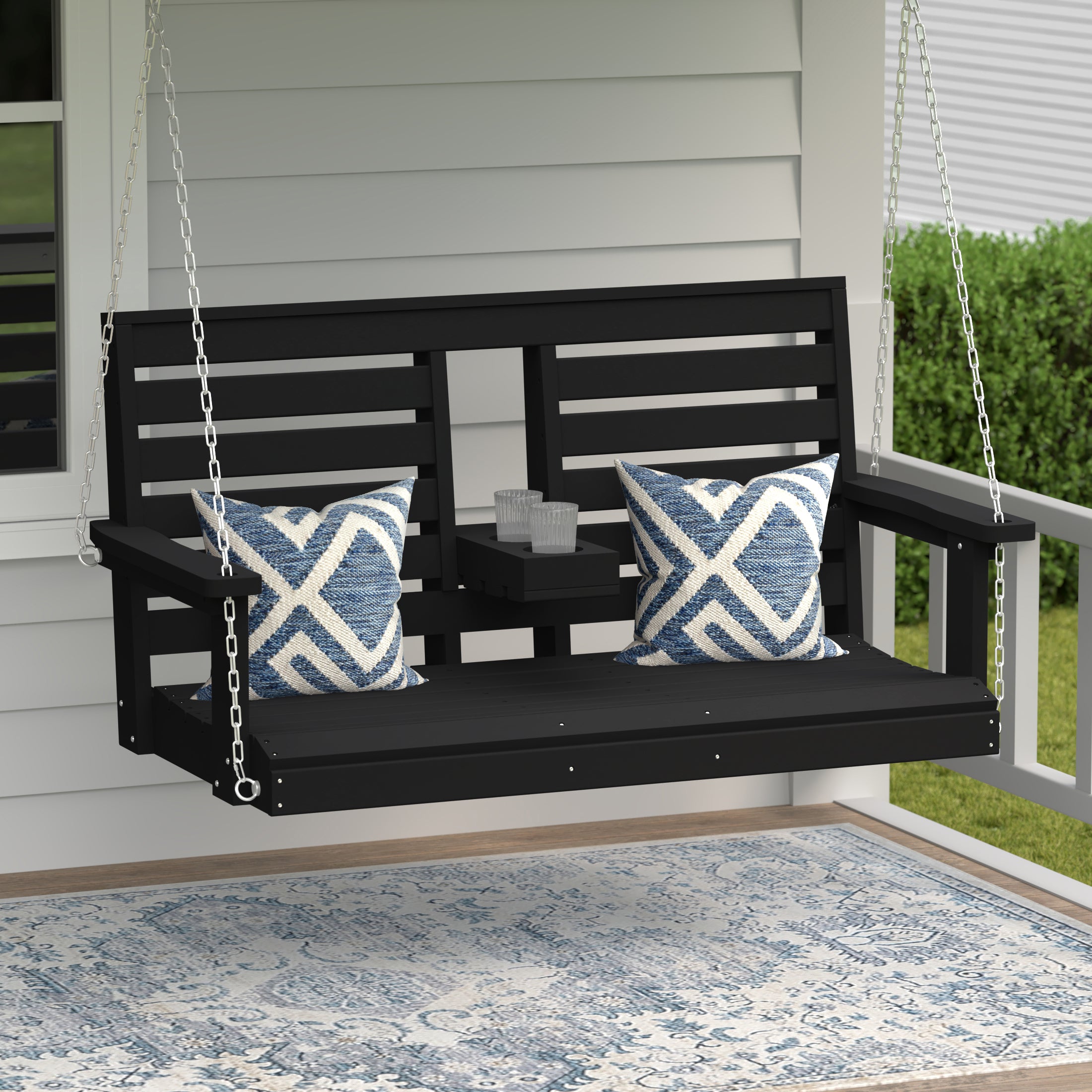 Charleston Outdoor HDPE 54" Front Hanging Porch Swing Bench With Cupholders
