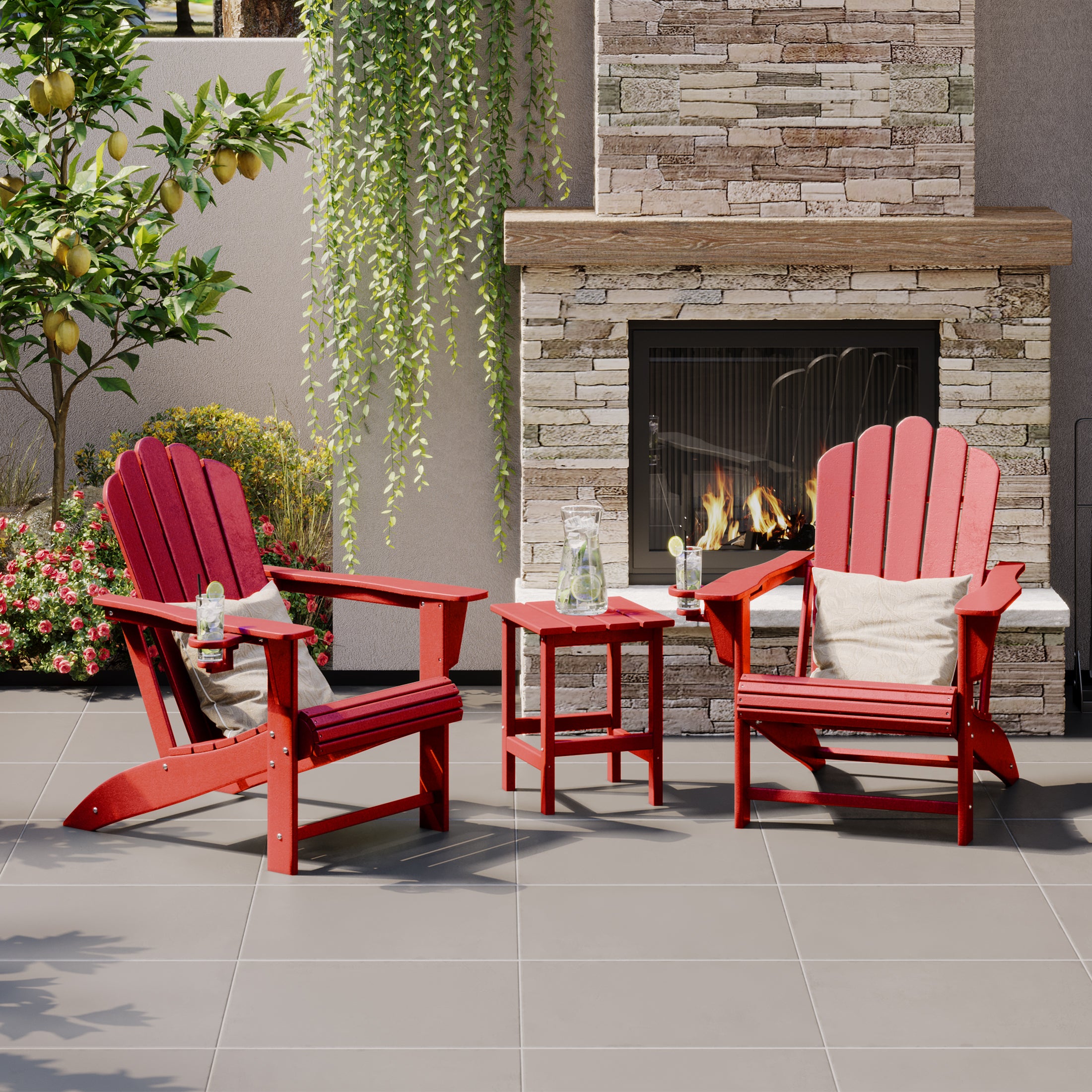 Lakeview 3-Piece Outdoor Patio HDPE Adirondack Chair With Cup Holder a