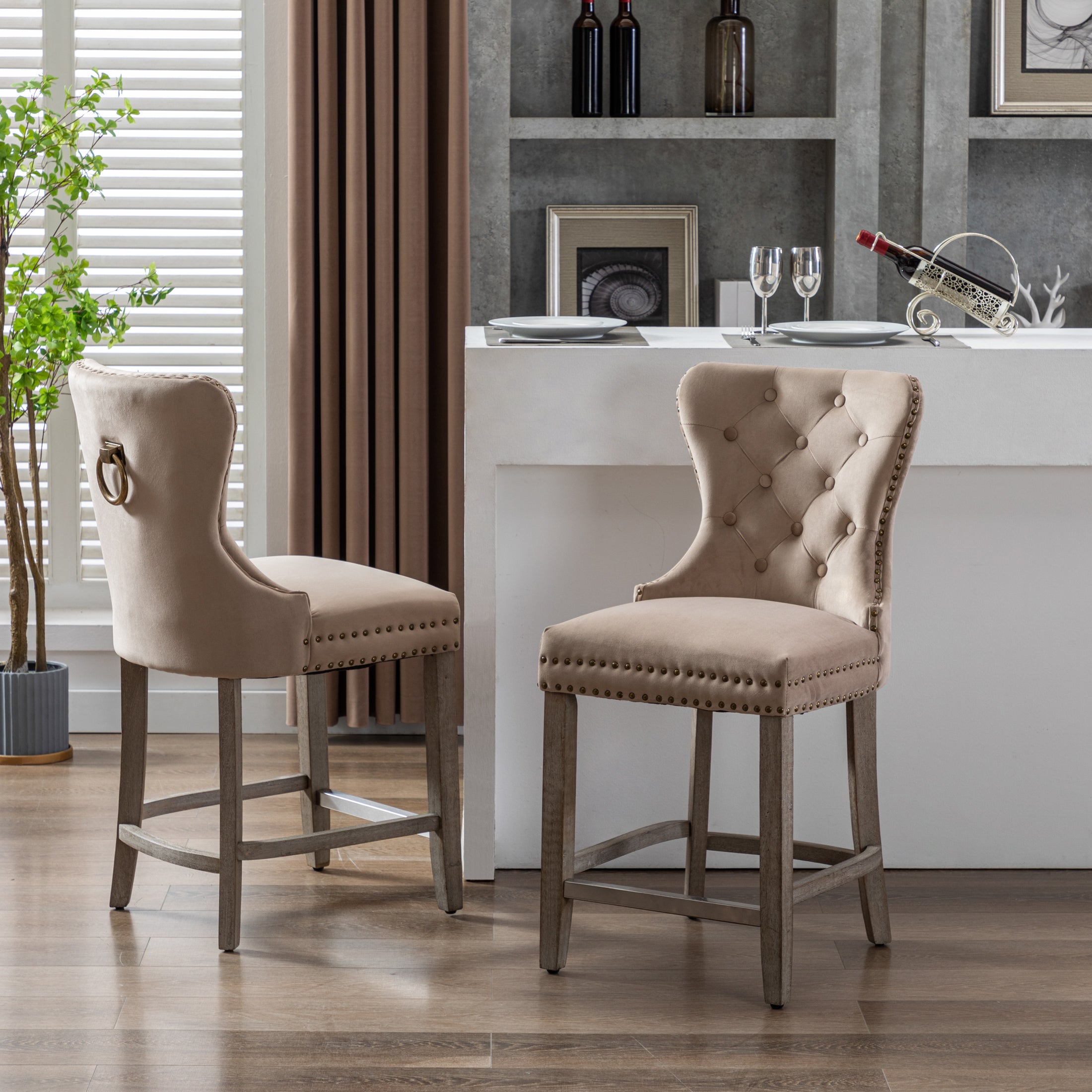 Hank 24" Tufted Velvet Counter Stool (Set of 2), Antique Gray